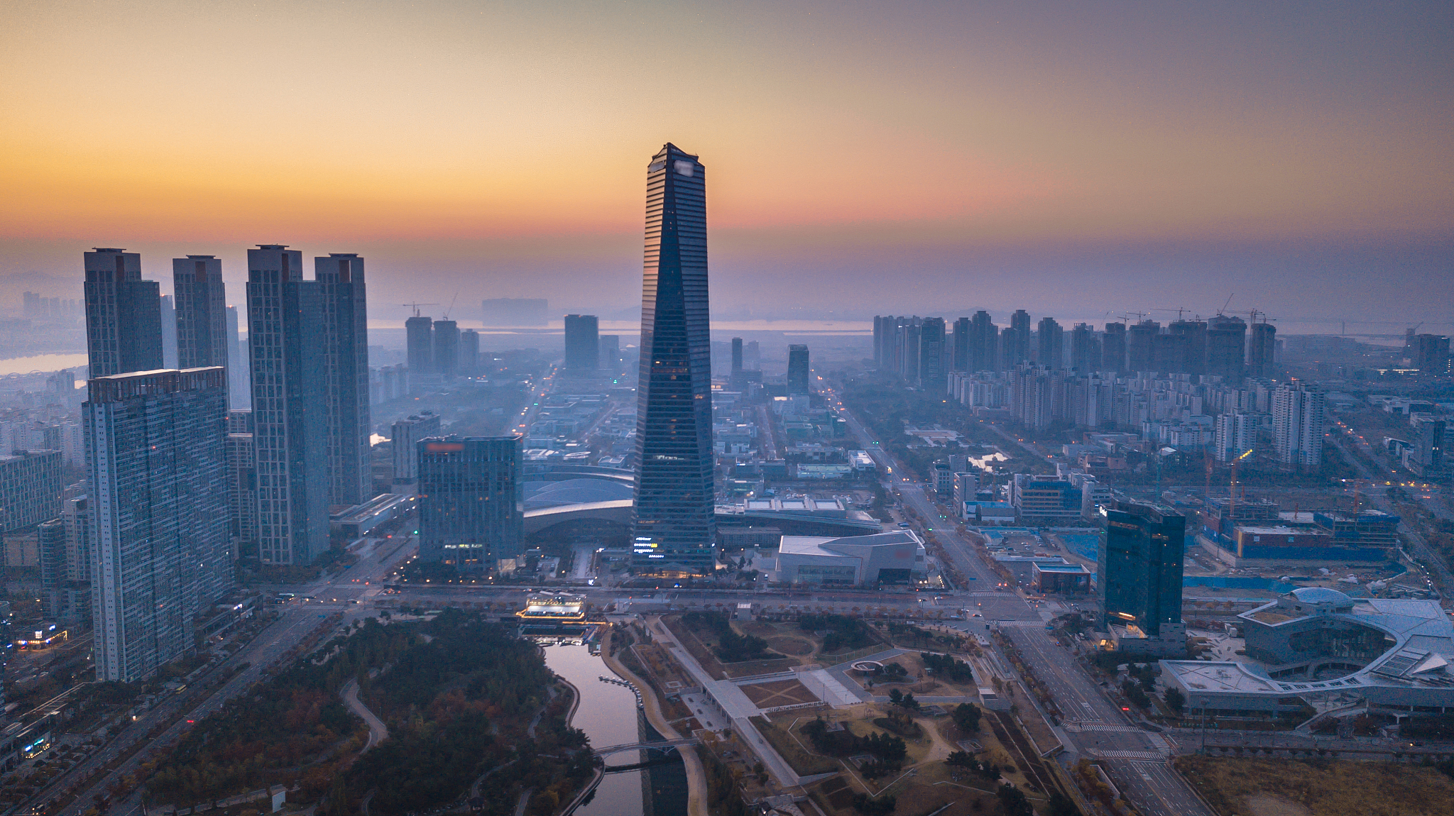 aerial view of  incheon,central park is a modern city there are 