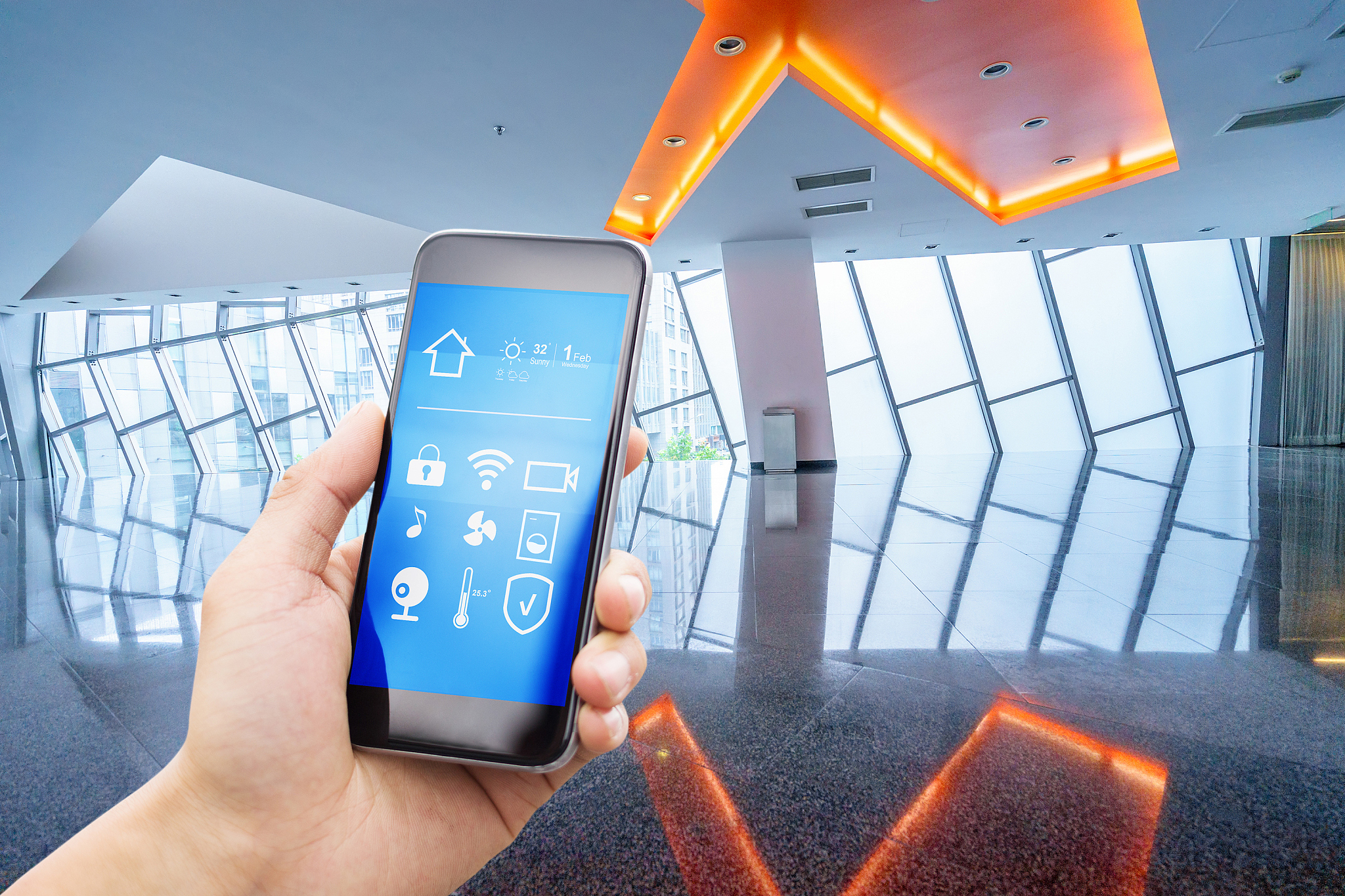 smart phone with smart home with modern corridor