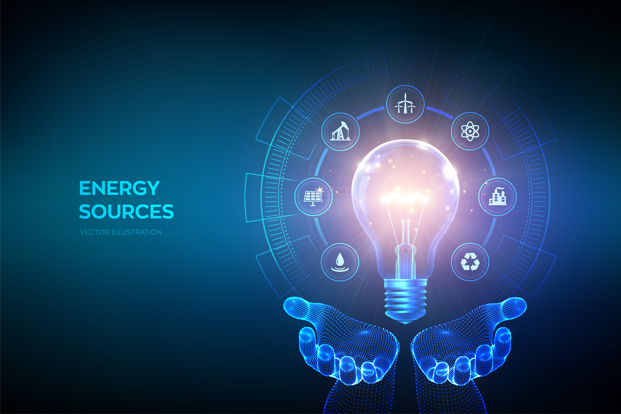 glowing light bulb with energy resources icons in hands. electri