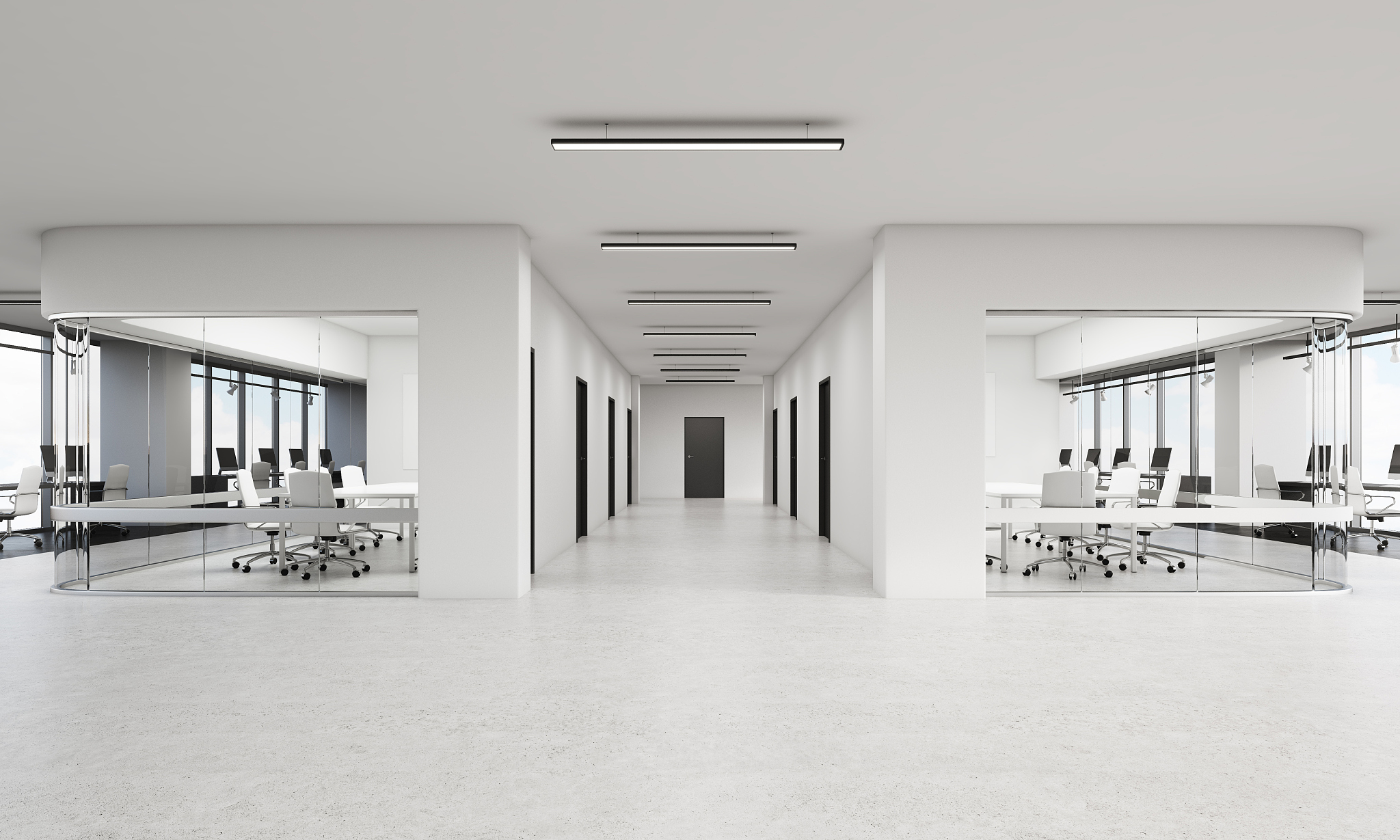 two rows of conference rooms in office