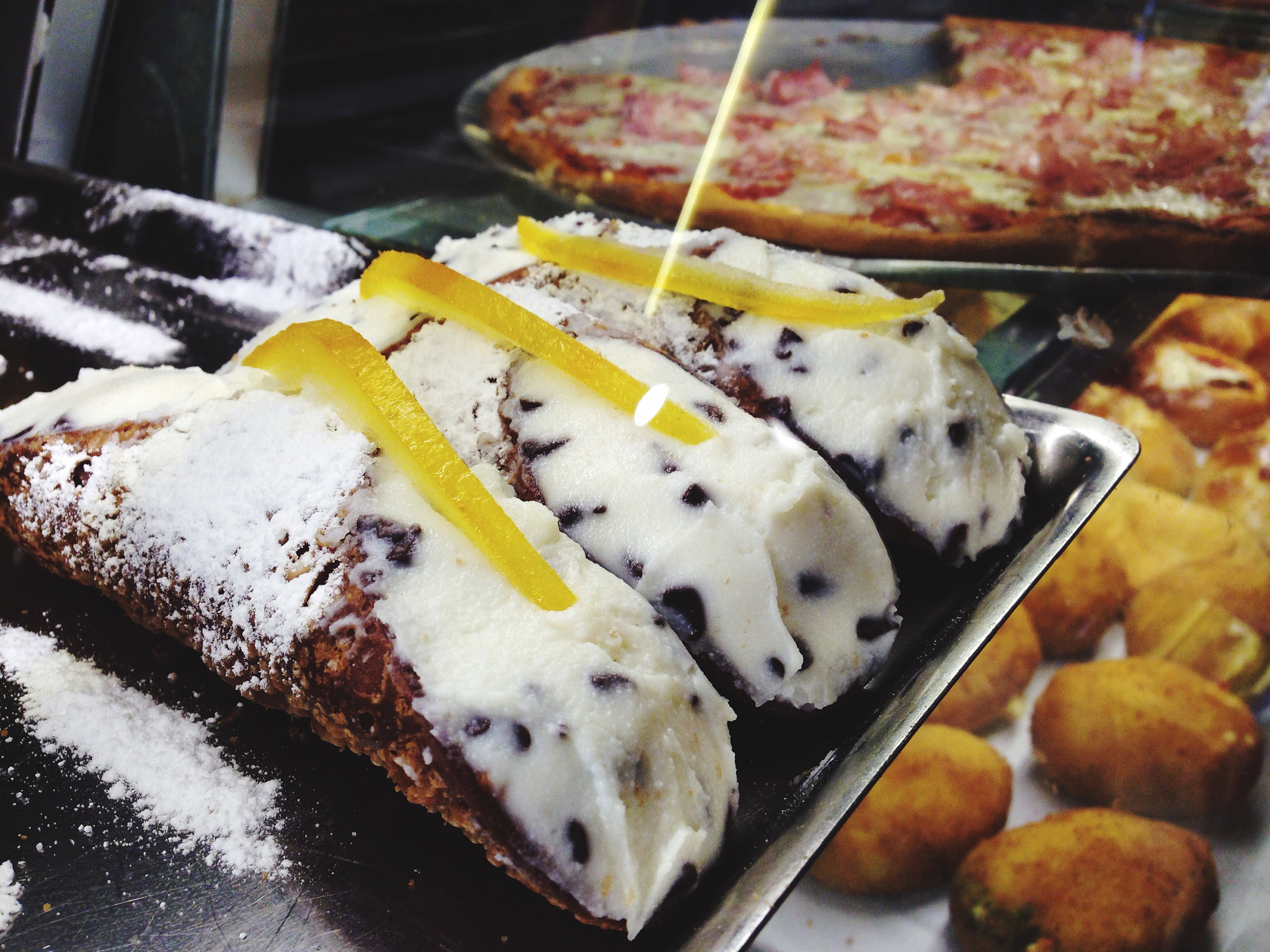 close-up of cannoli in tray