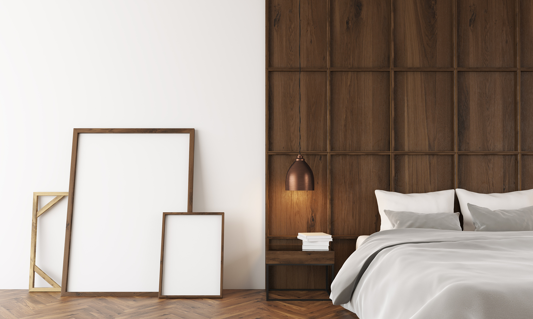 modern bedroom with wooden wall and posters near bed