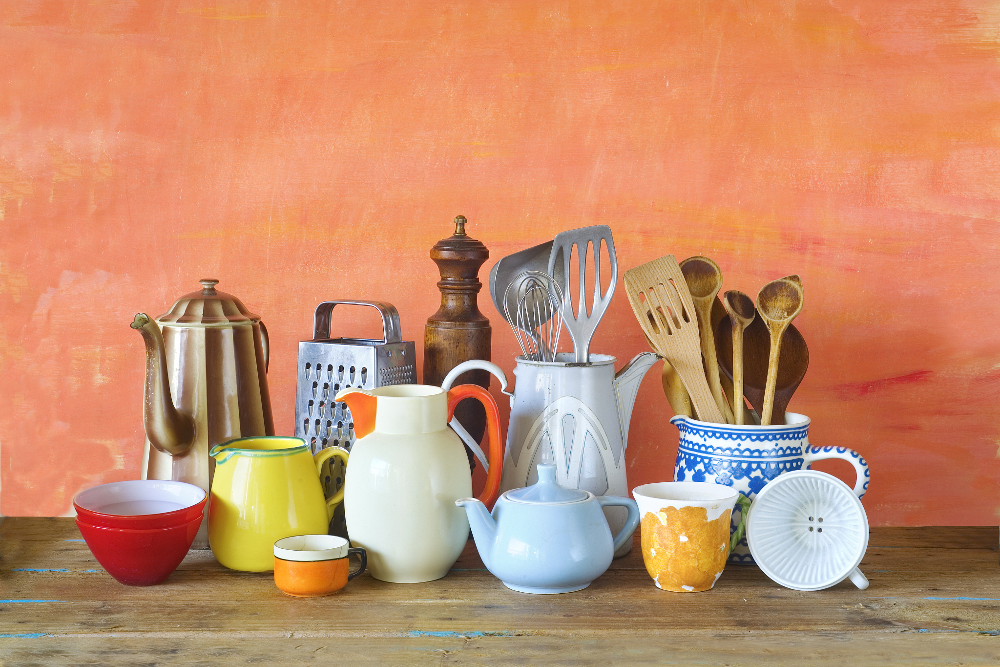 various vintage kitchen utensils,