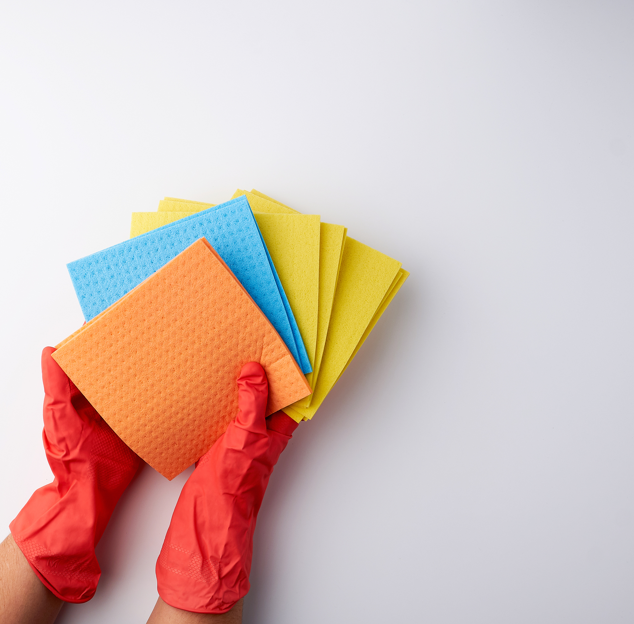 multi-colored square absorbent sponges in their hands wearing re