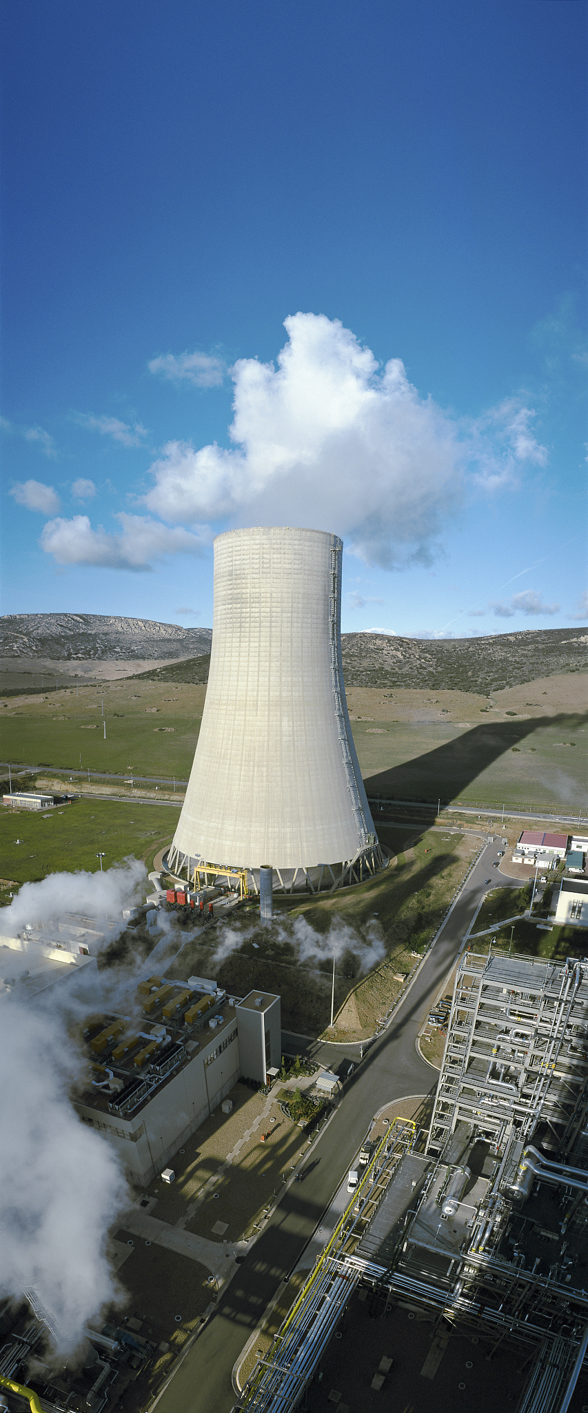 power plant chimney, elevated view