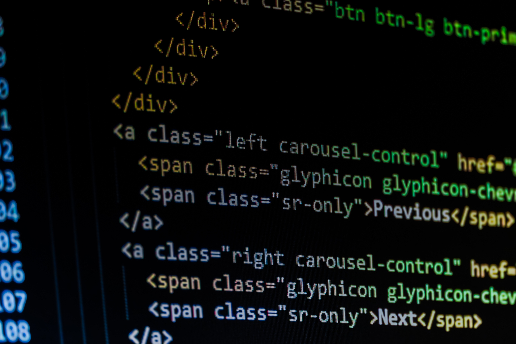 developer screen with colored website programming code
