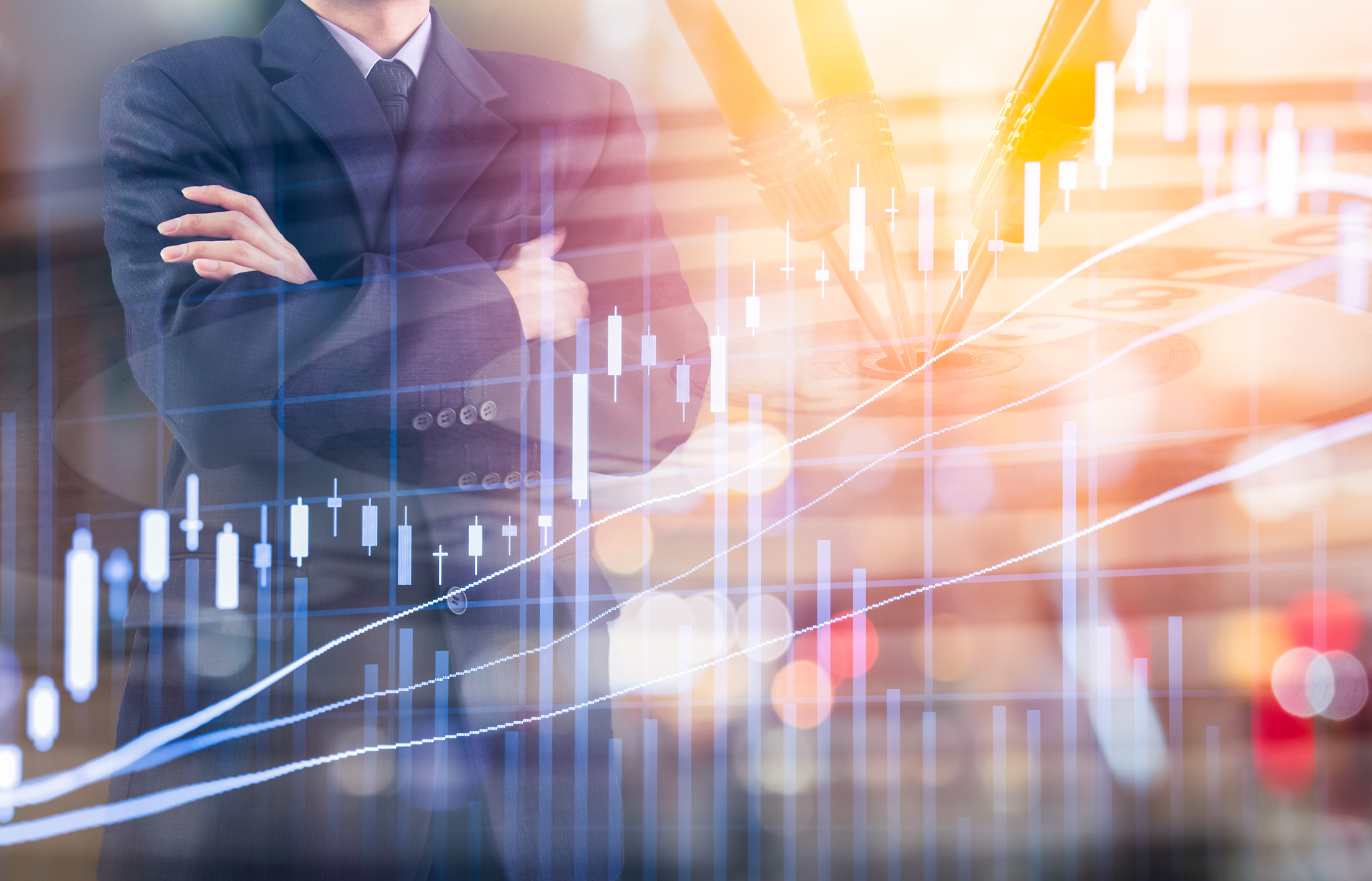 business man on digital stock market financial and dart backgrou