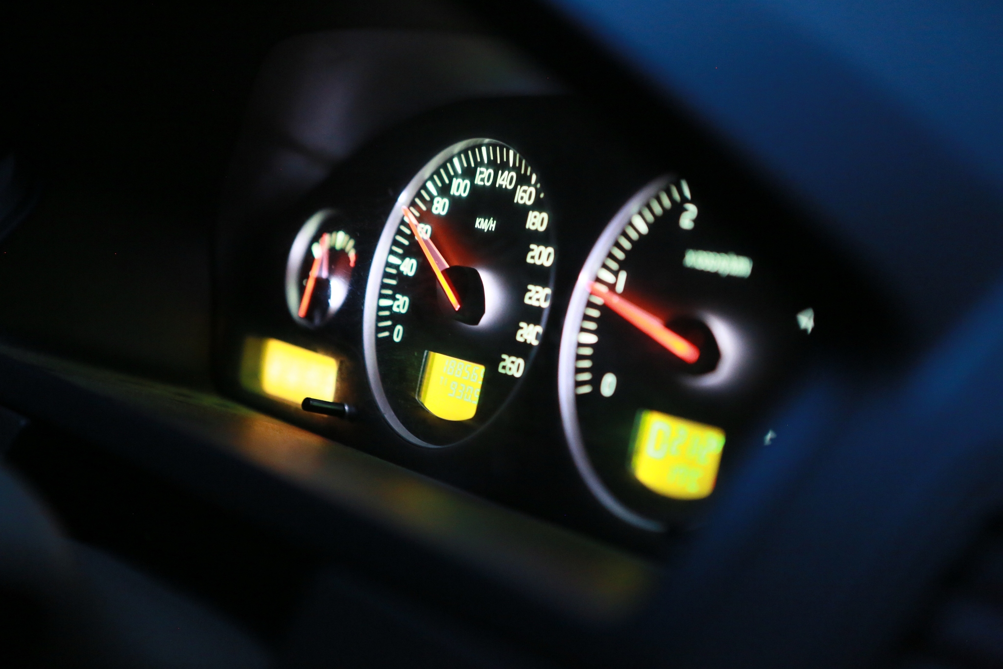 close-up of speedometer in car