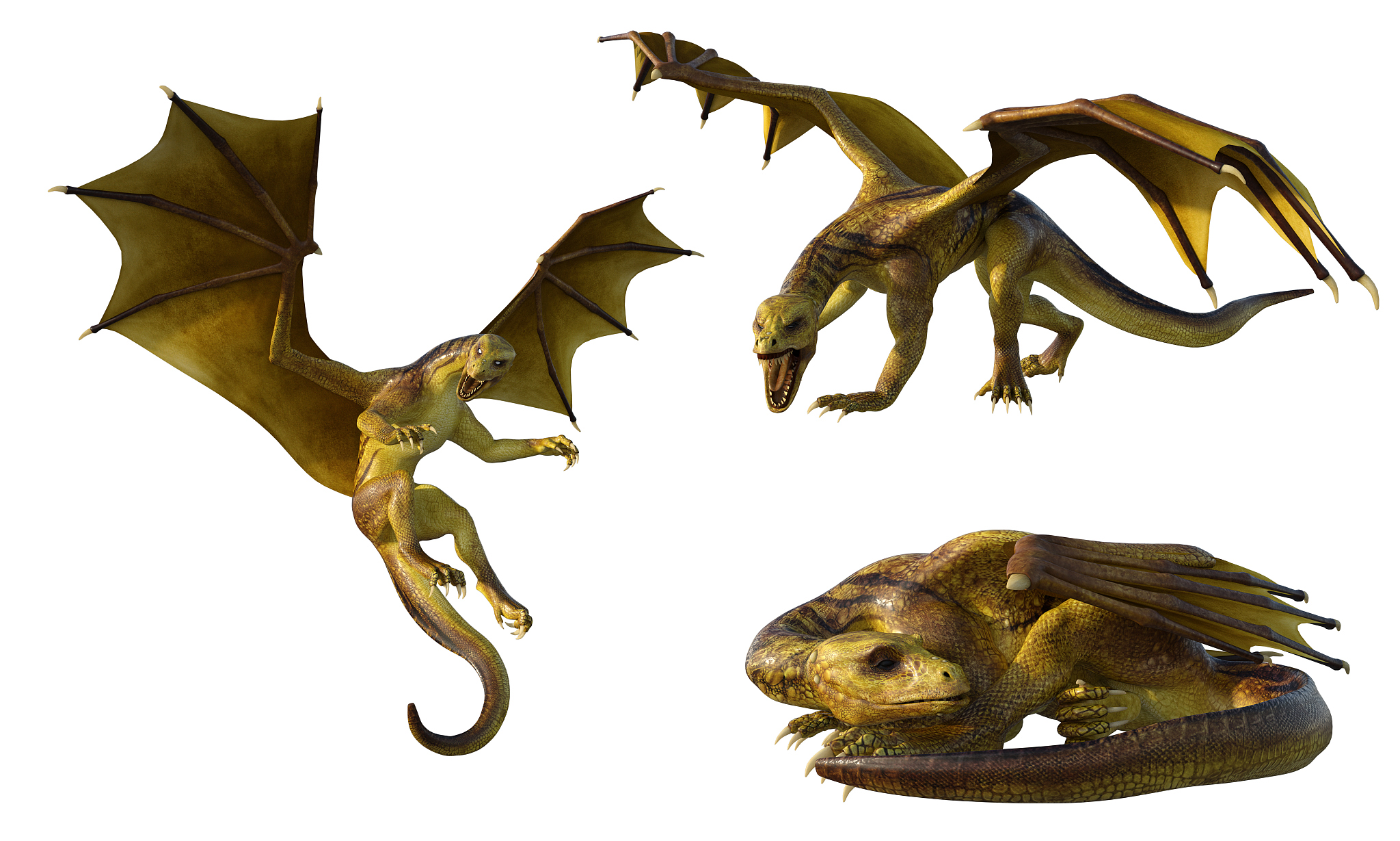 set of three yellow dragons isolated on white, 3d render.