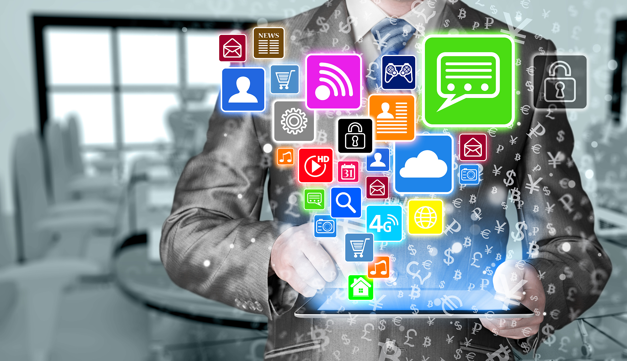 business man using tablet pc with social media icon set