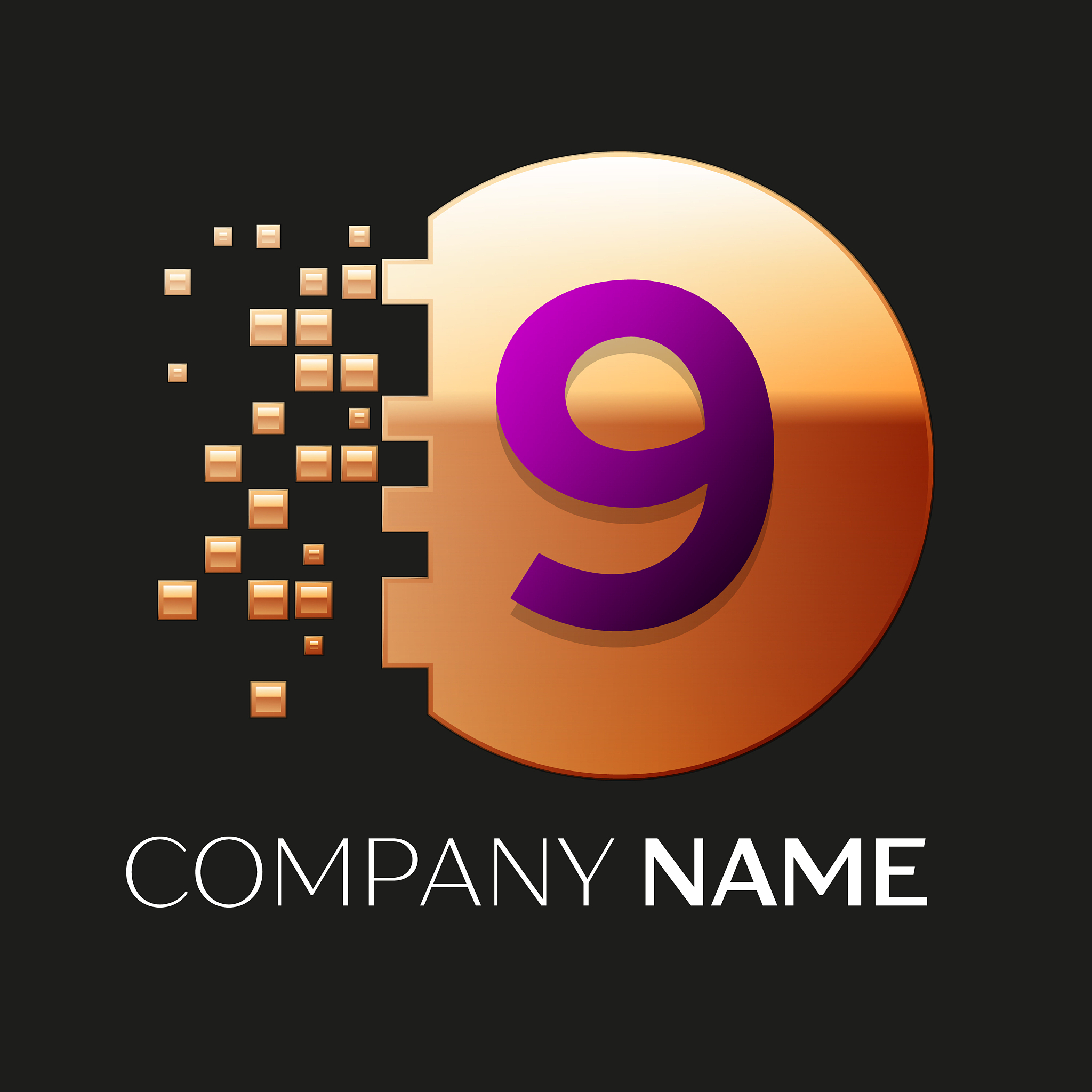 purple number nine logo in the golden pixel circle