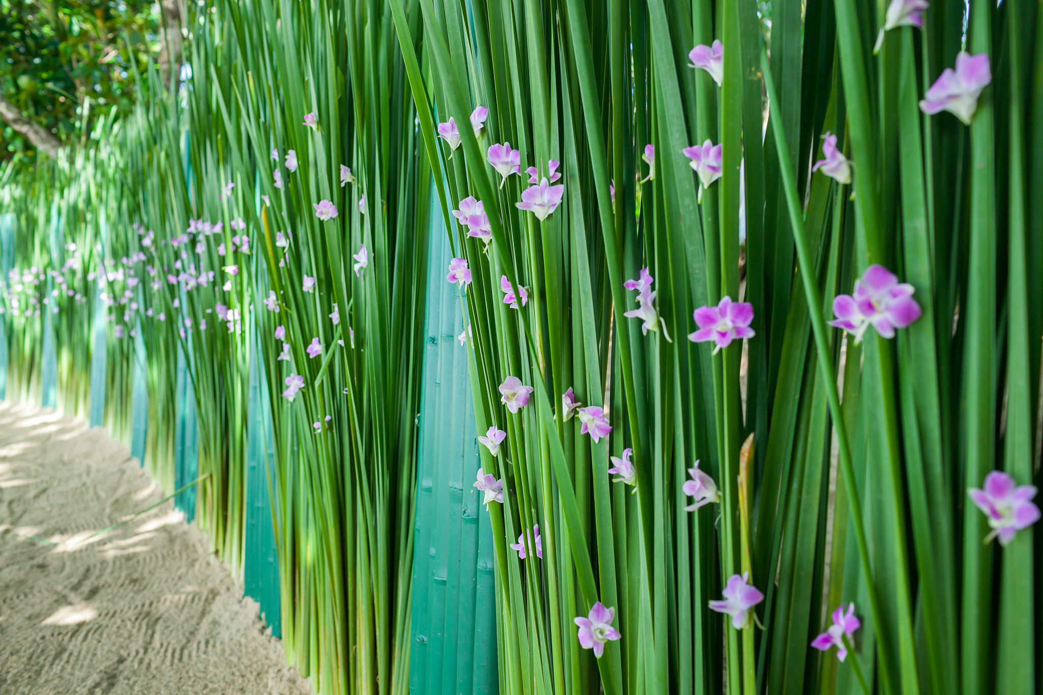 floral arrangement at a wedding ceremony on beach.