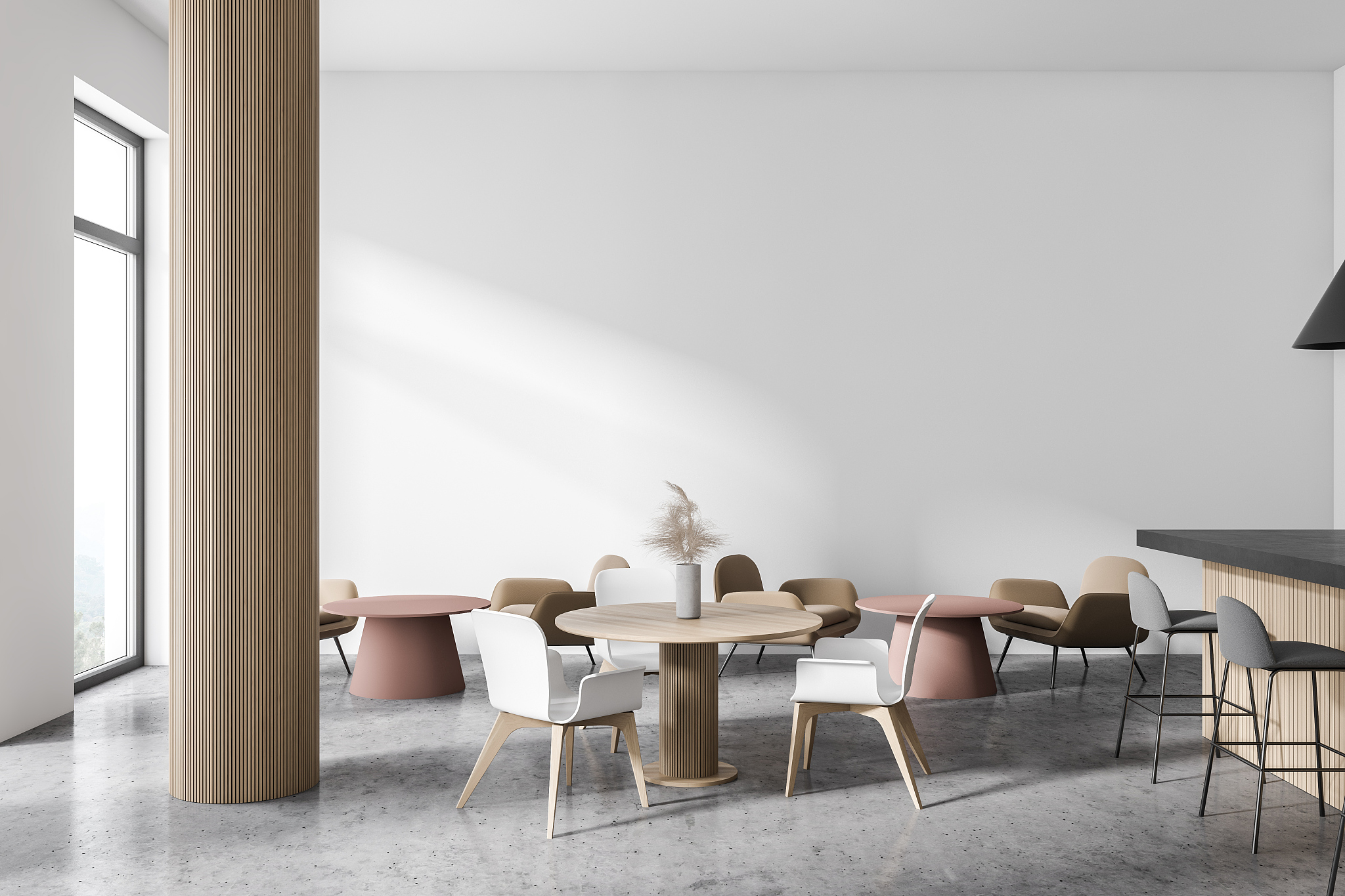 modern white and wooden cafe bar interior