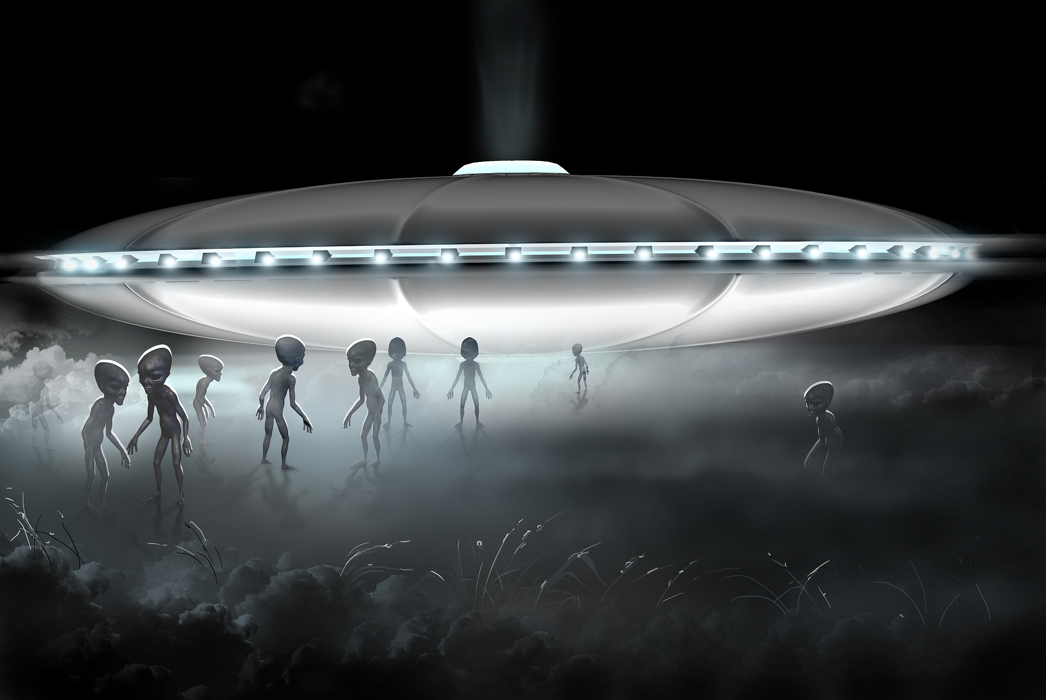 flying saucer and grey realistic alien. digital.