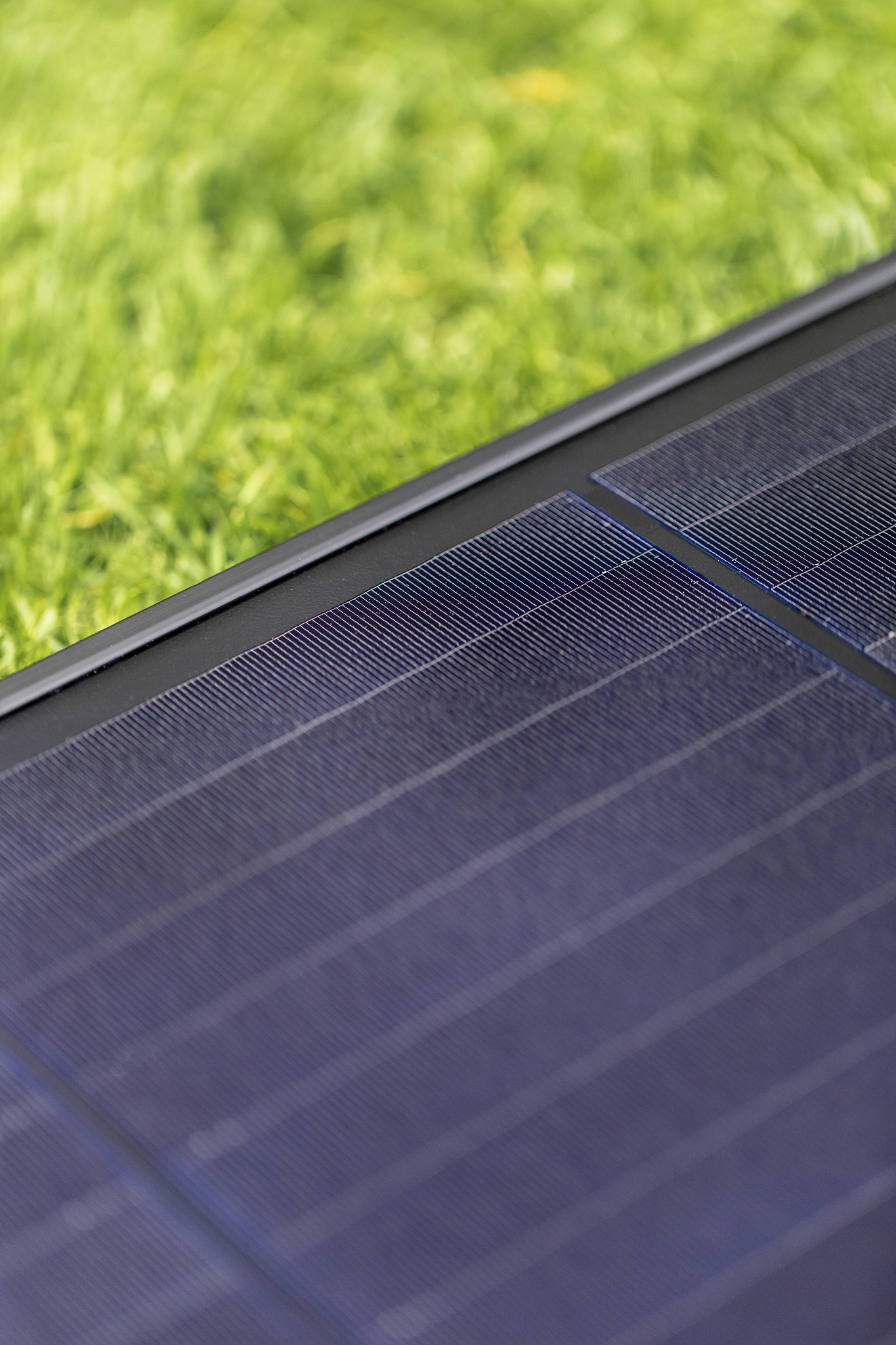 close-up of modern solar panels on green gras.