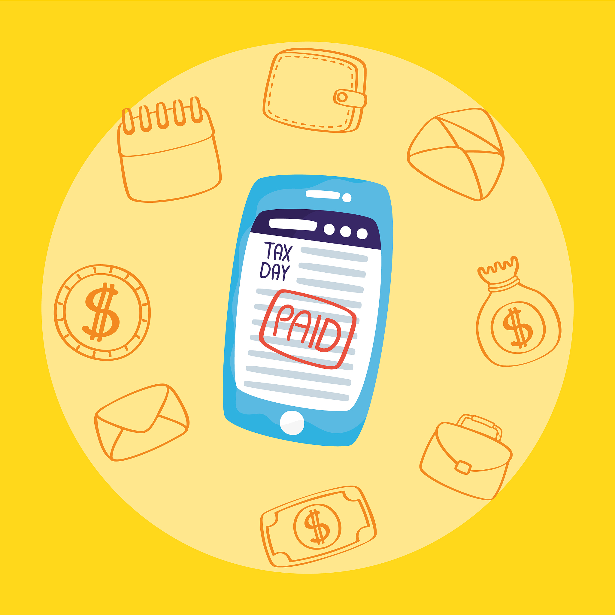 tax day with paid receipt in smartphone and set