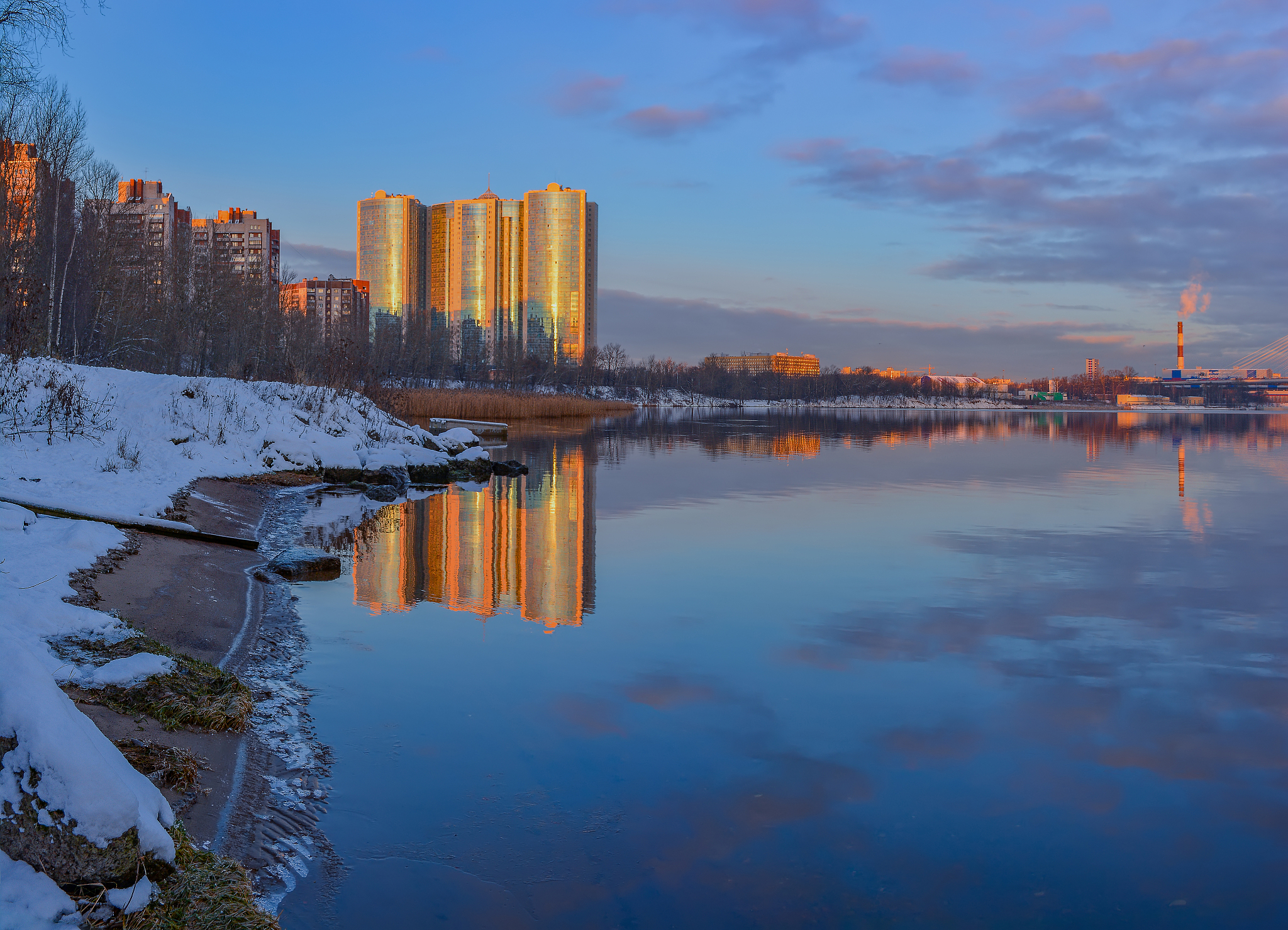 dawn in st. petersburg in the area of fishing. december morning.