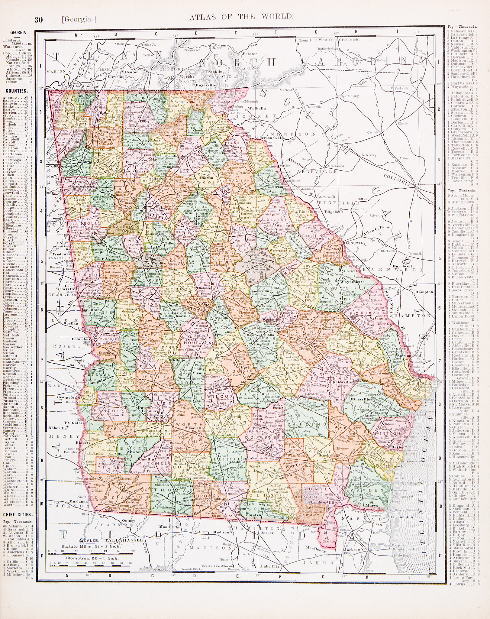 antique vintage color map of georgia, usa