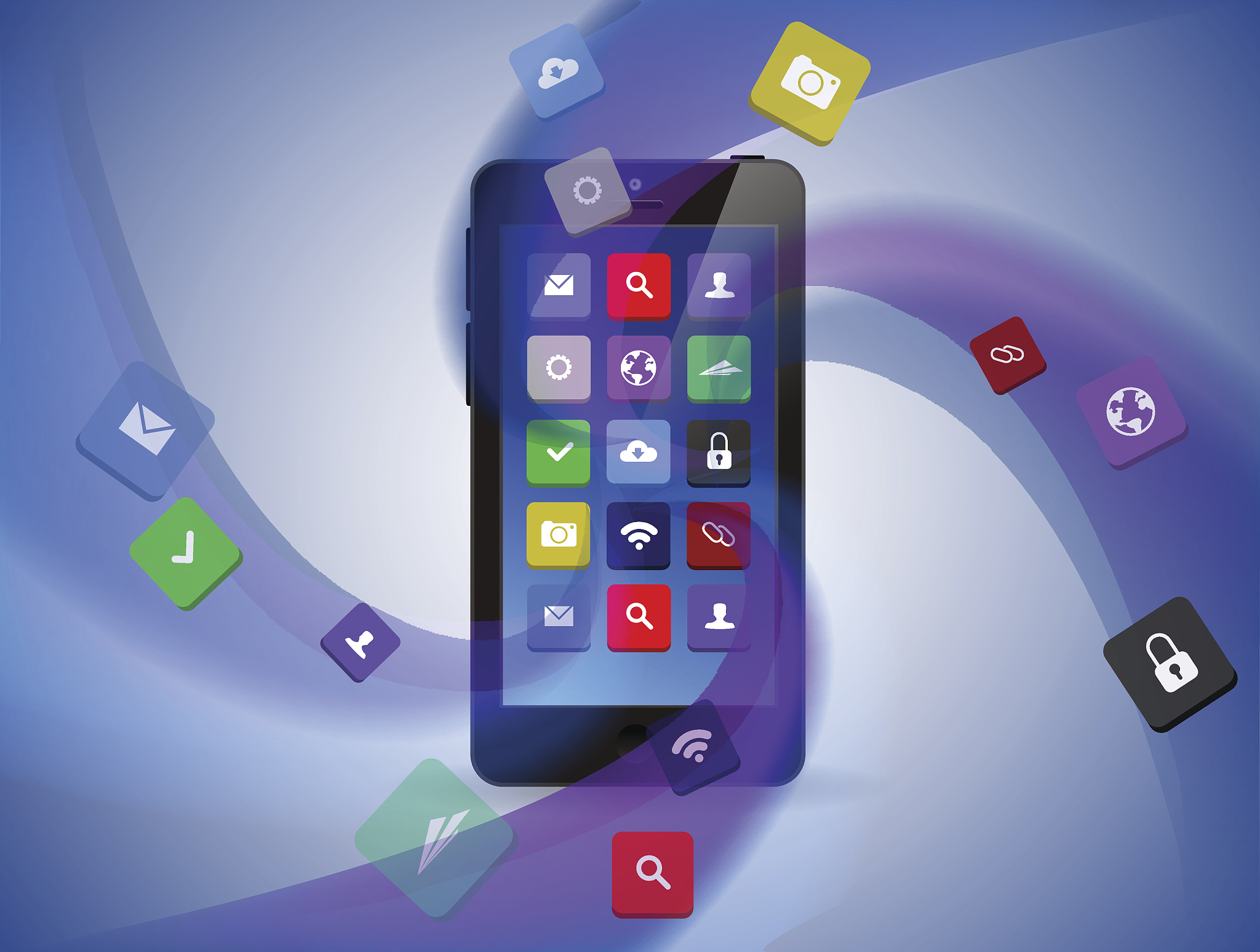 smart phone with waves, cloud of apps. connect and download