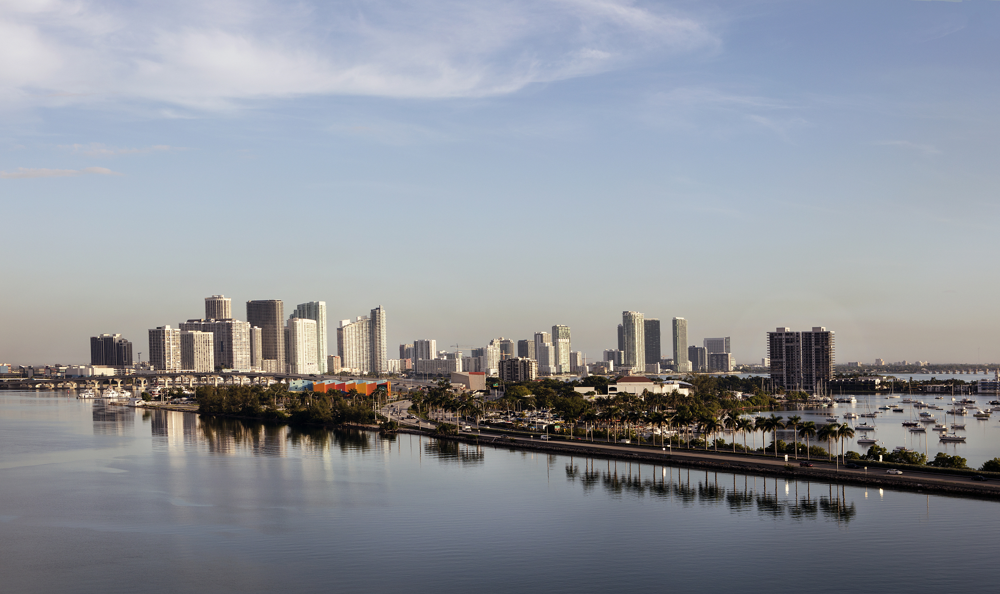 view of miami waterfront florida usa with clear sky, causeway an