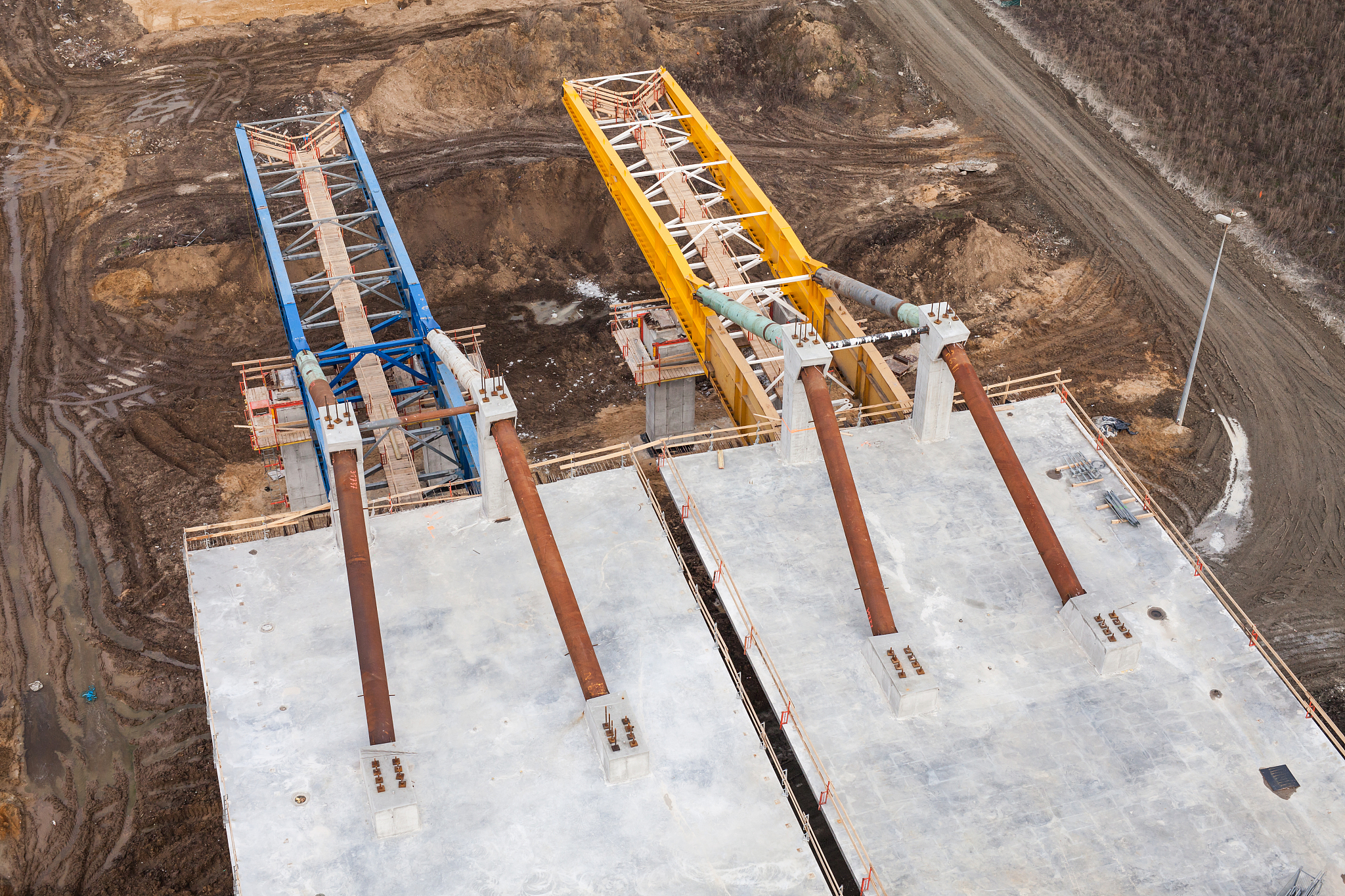 aerial view of highway bridge under construction .