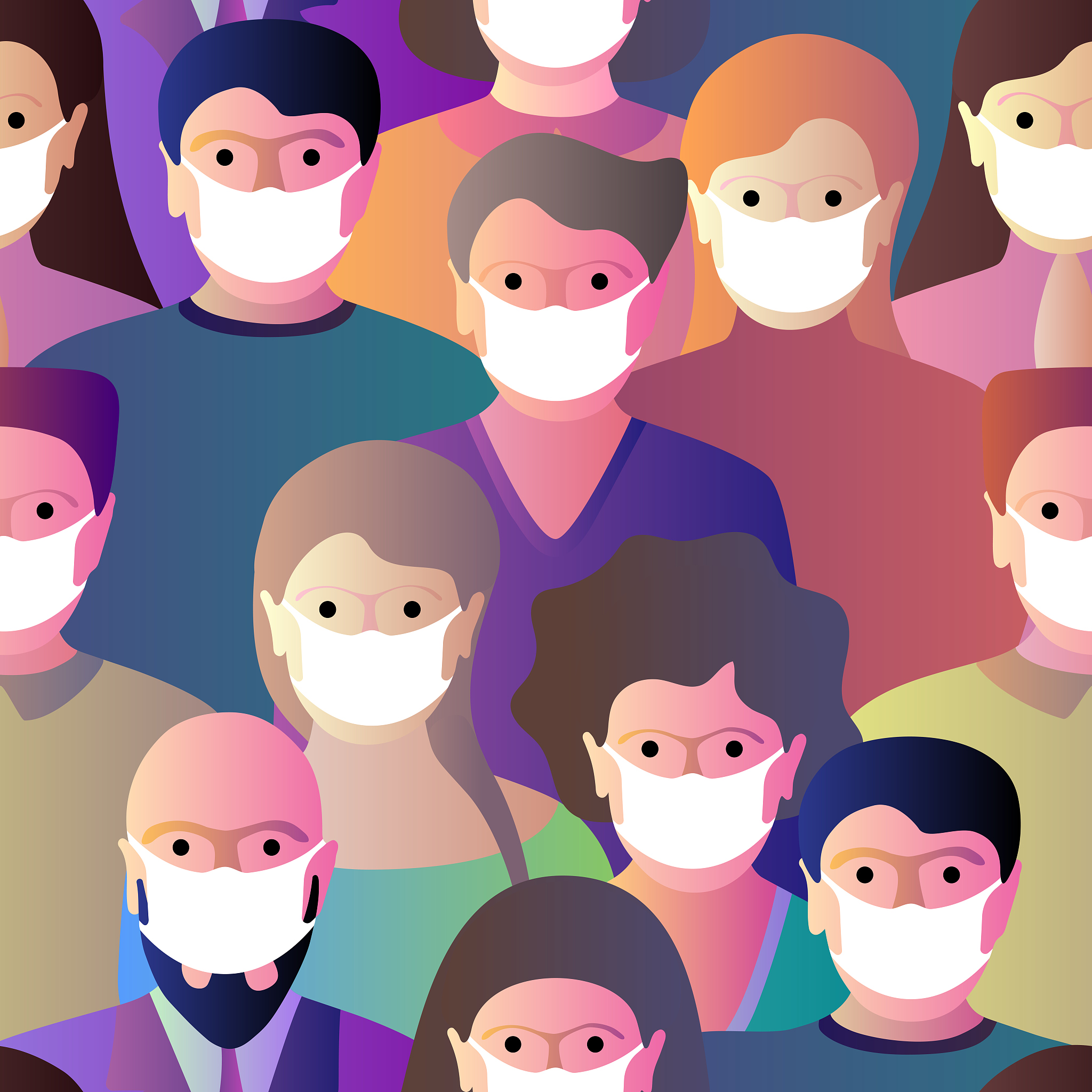 different people crowd in white medical protective face masks pr