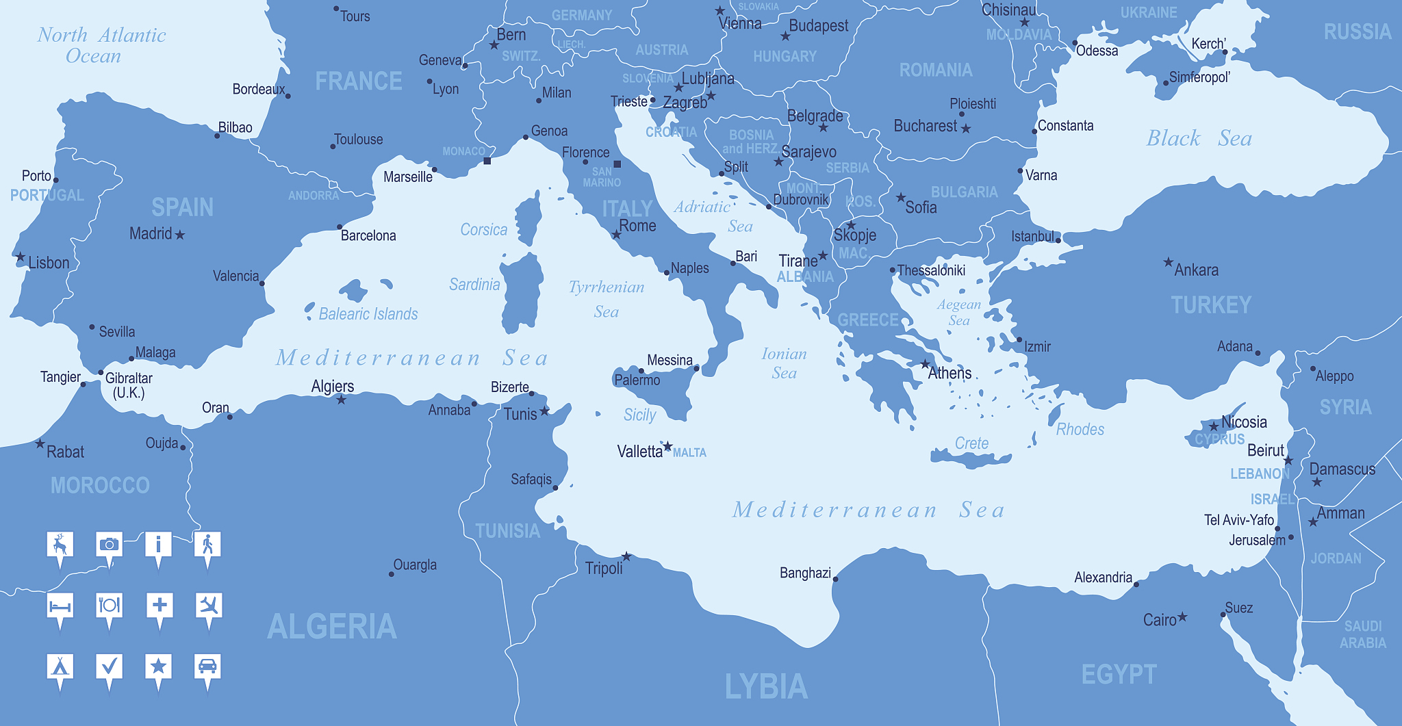 map of mediterranean - countries, cities, navigation icons