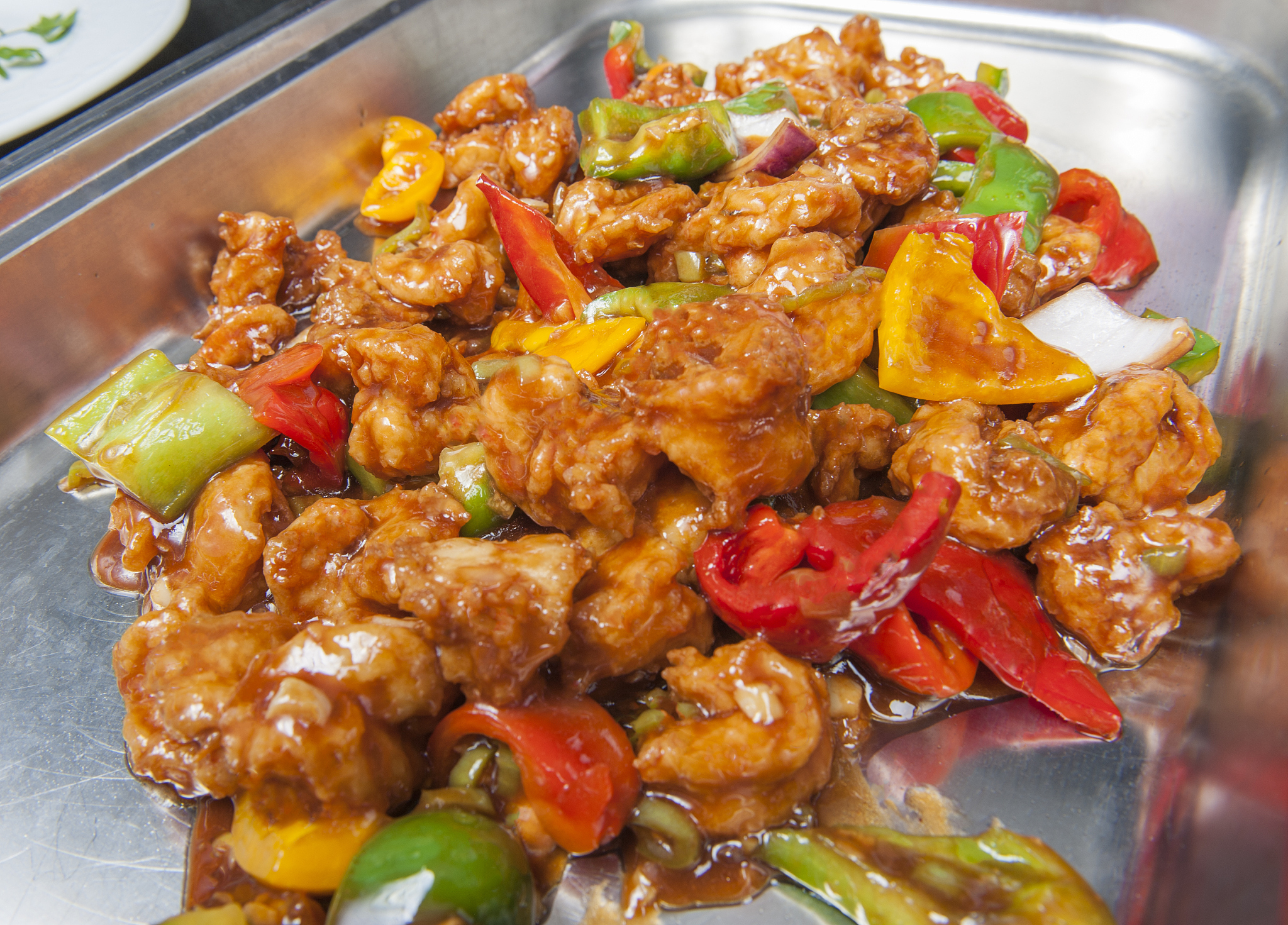 prawns in chilli sauce at a chinese restaurant buffet
