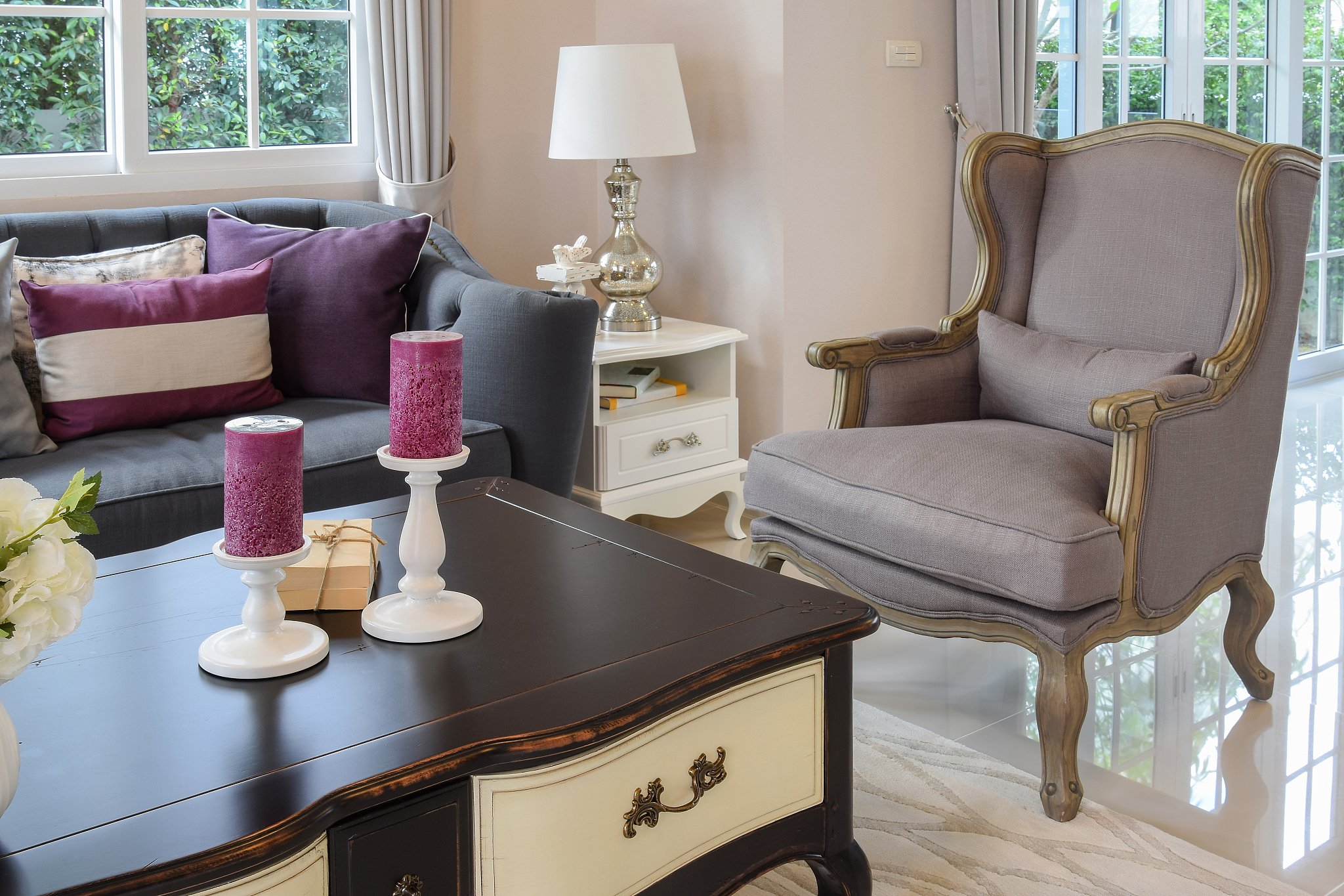 luxury living room with classic sofa and armchair
