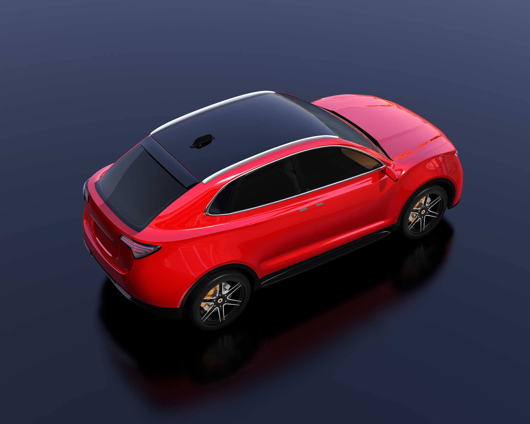 metallic red electric suv concept car parking on reflective grou