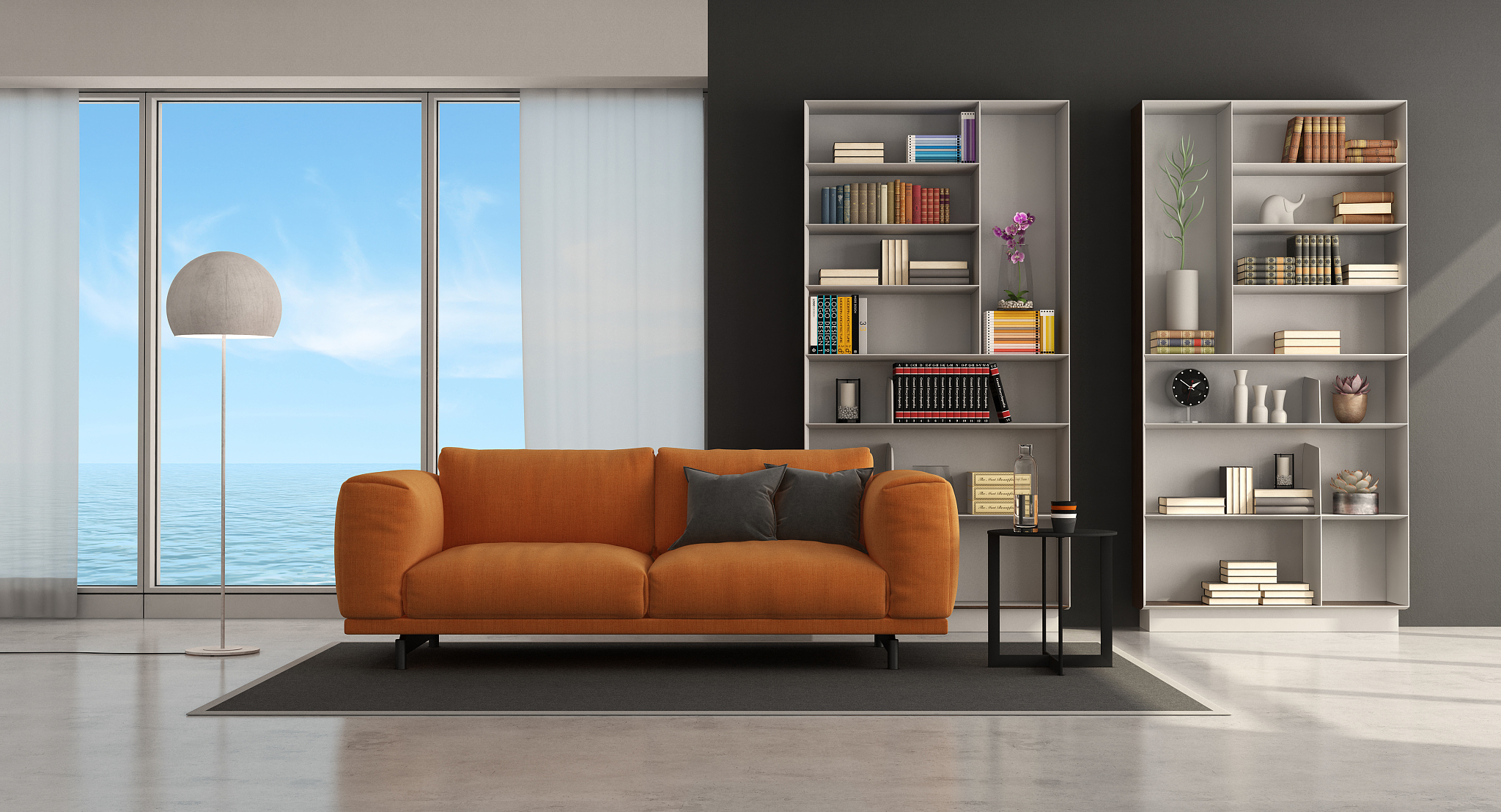 modern living room with sofa and bookcase