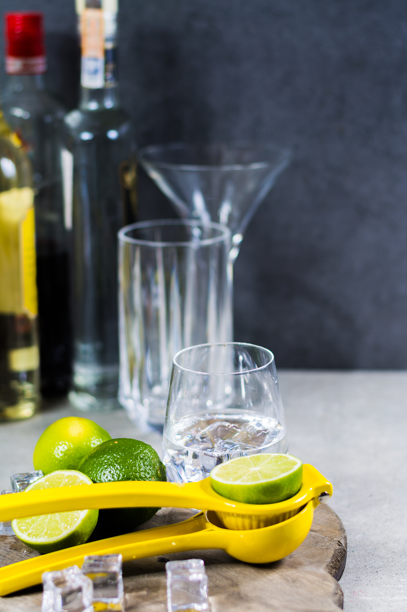lime manual press for preparation of cocktails, limes and glass 