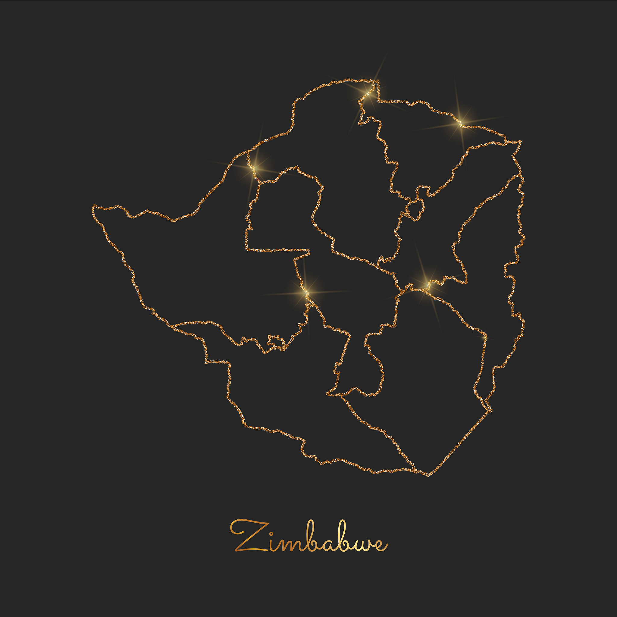 zimbabwe region map: golden glitter outline with sparkling stars