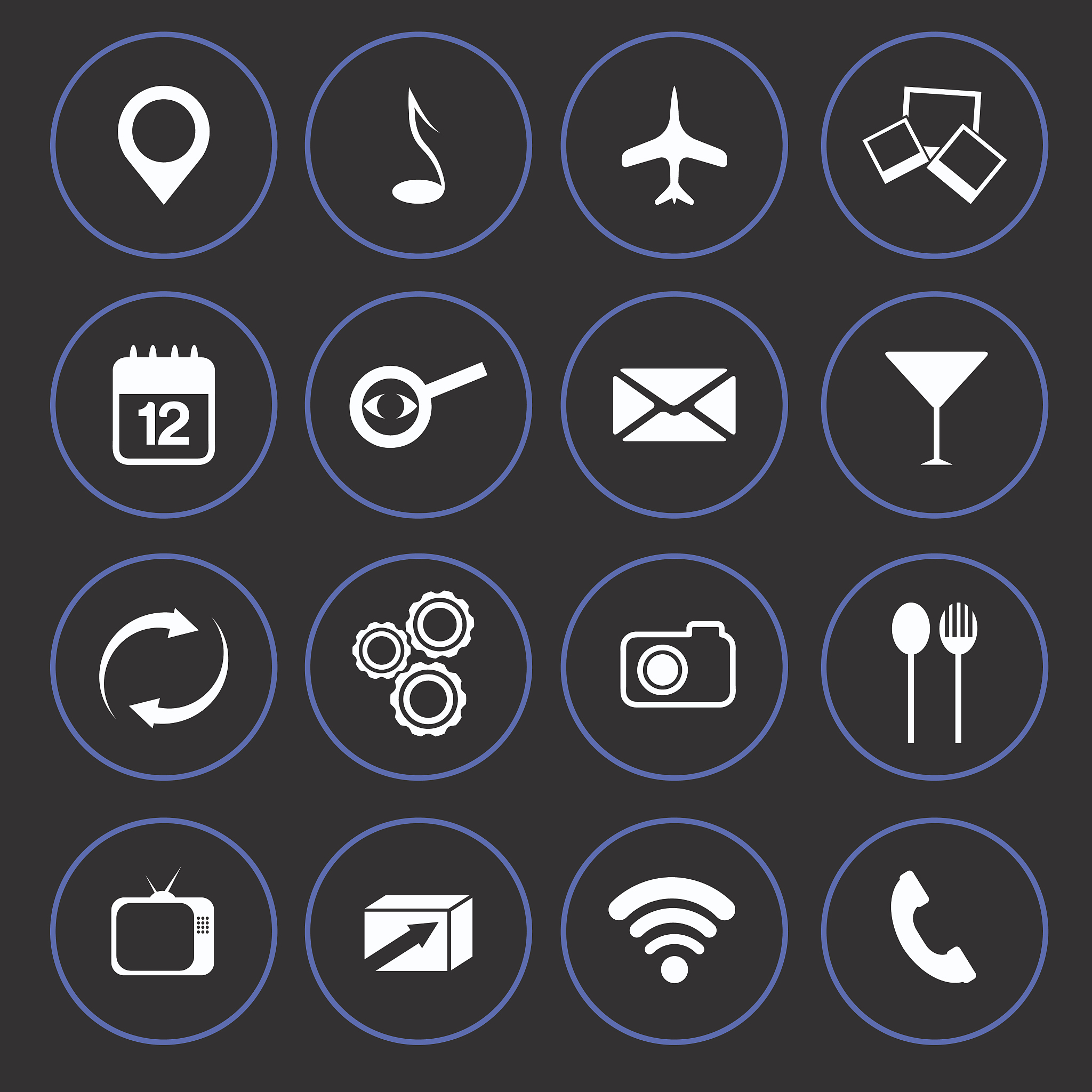 media,food and communication icons set flat design