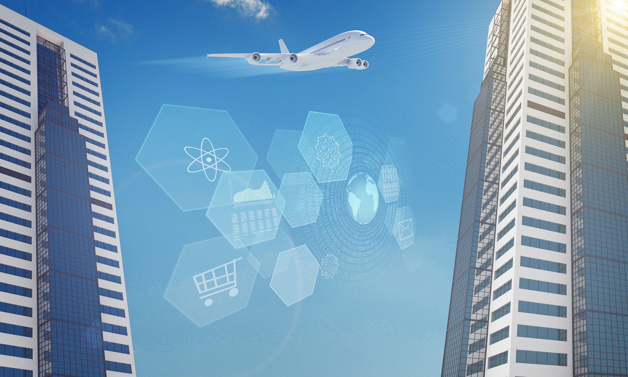 earth with business center and icons