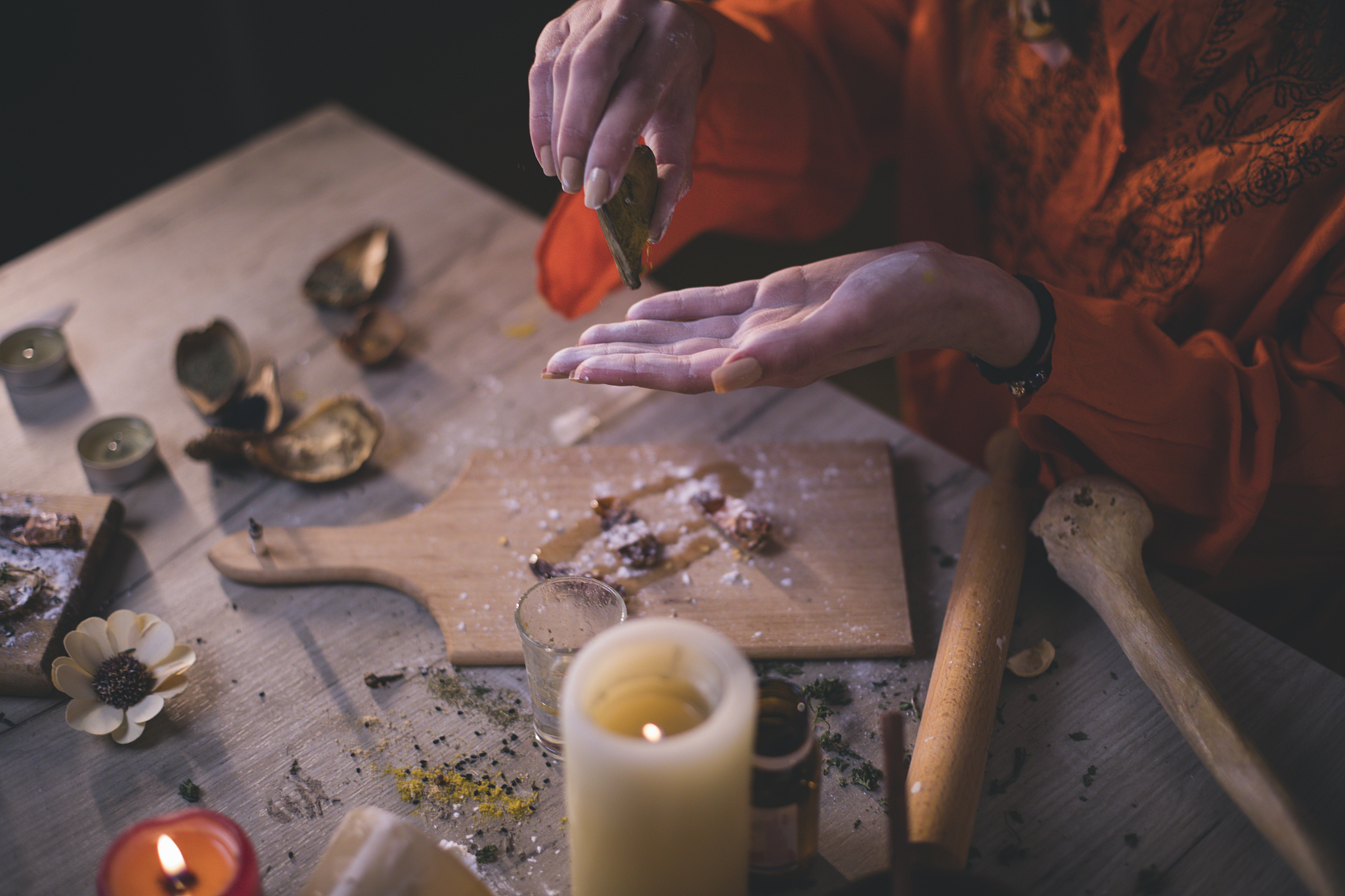 woman making natural cosmetics, top view