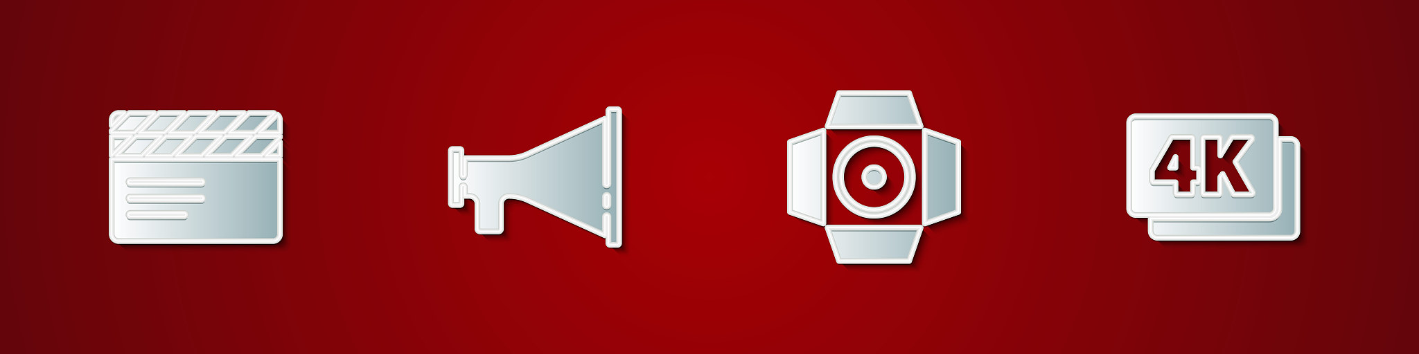 set movie clapper, megaphone, spotlight and 4k ultra hd icon. ve