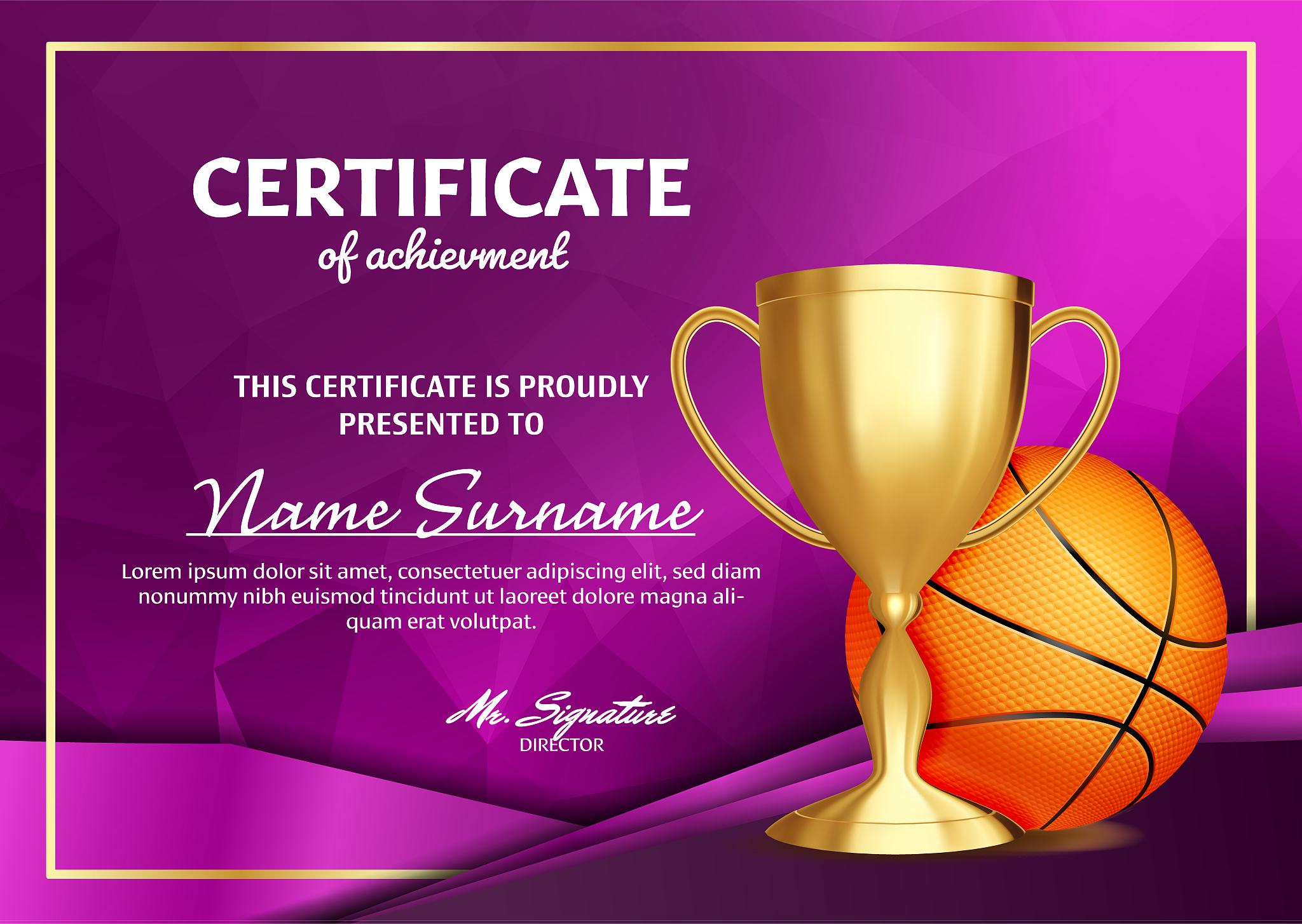 basketball certificate diploma with golden cup vector. sport awa
