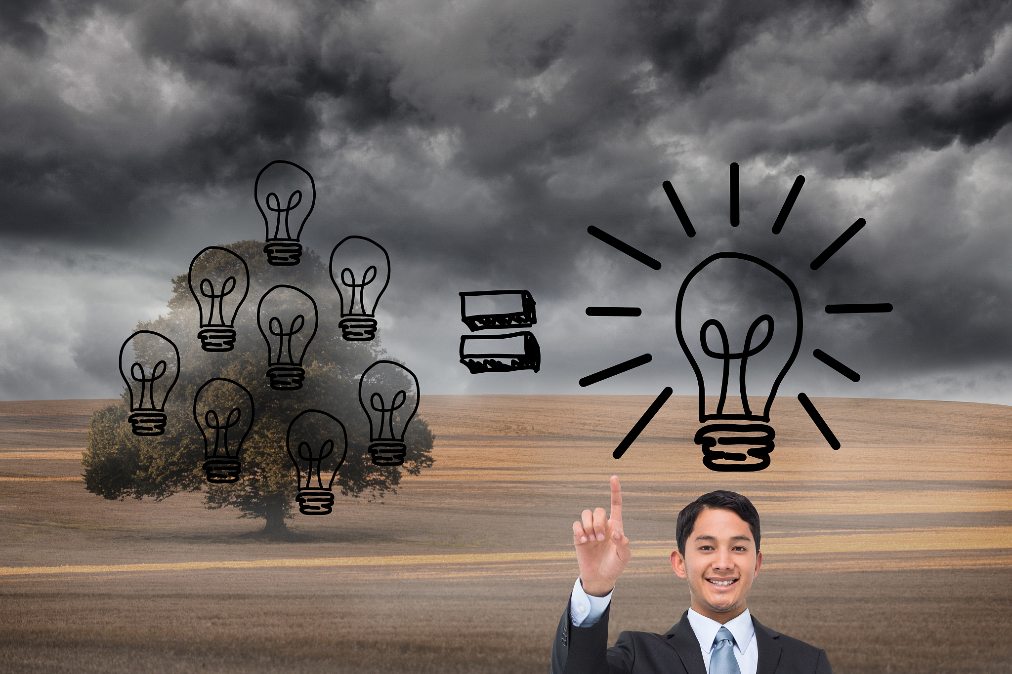 composite image of smiling asian businessman pointing