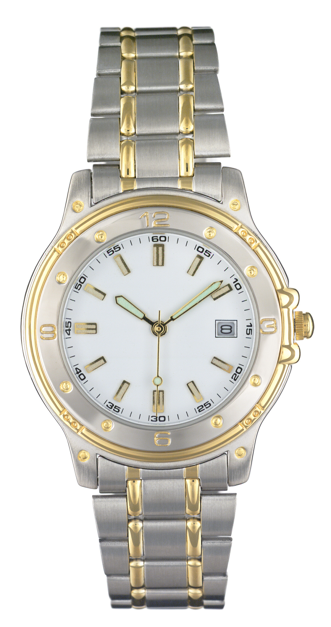 classic steel and gold watch, white background