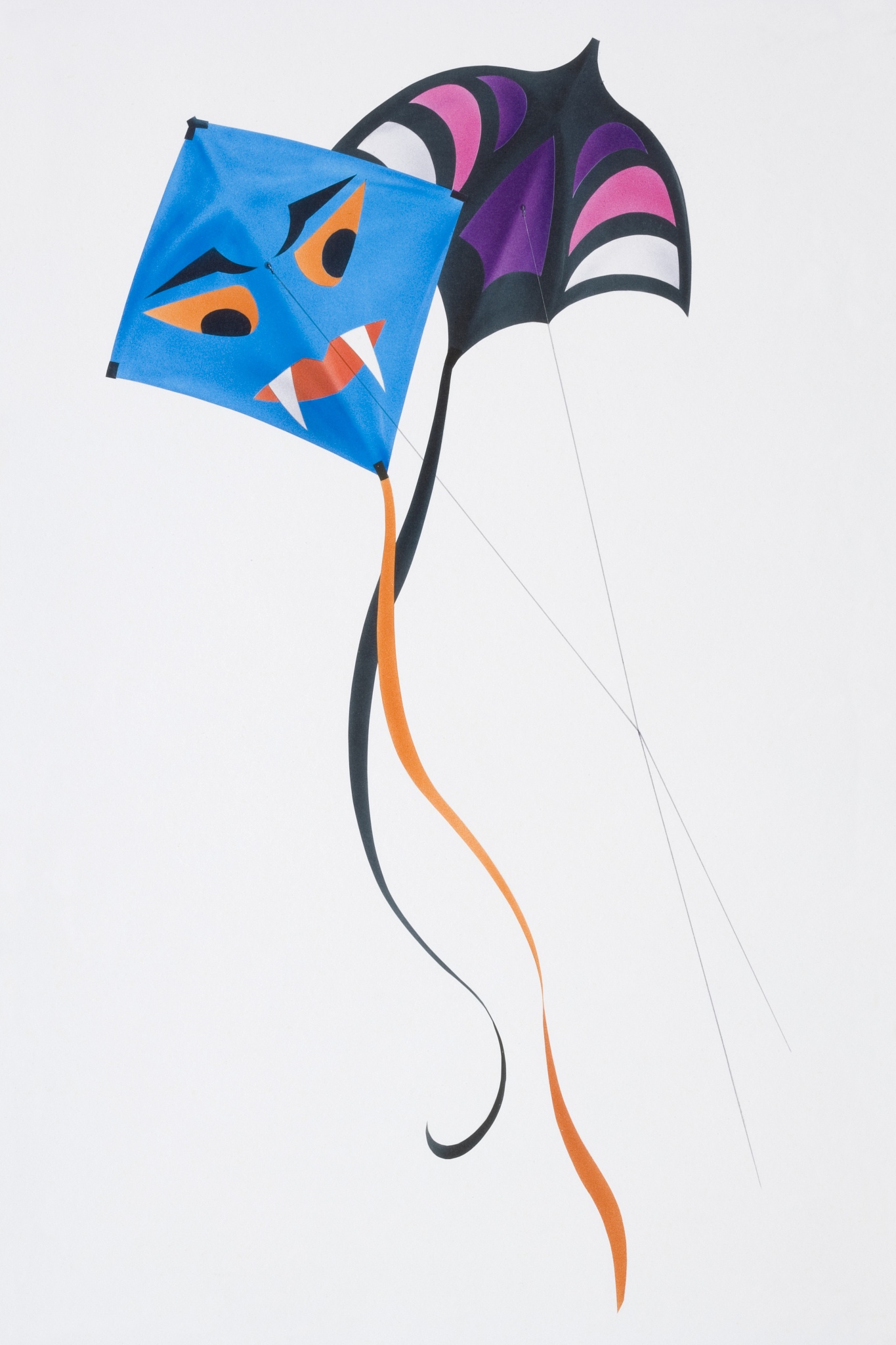 kite fighting, two colourful kites flying with their lines cross