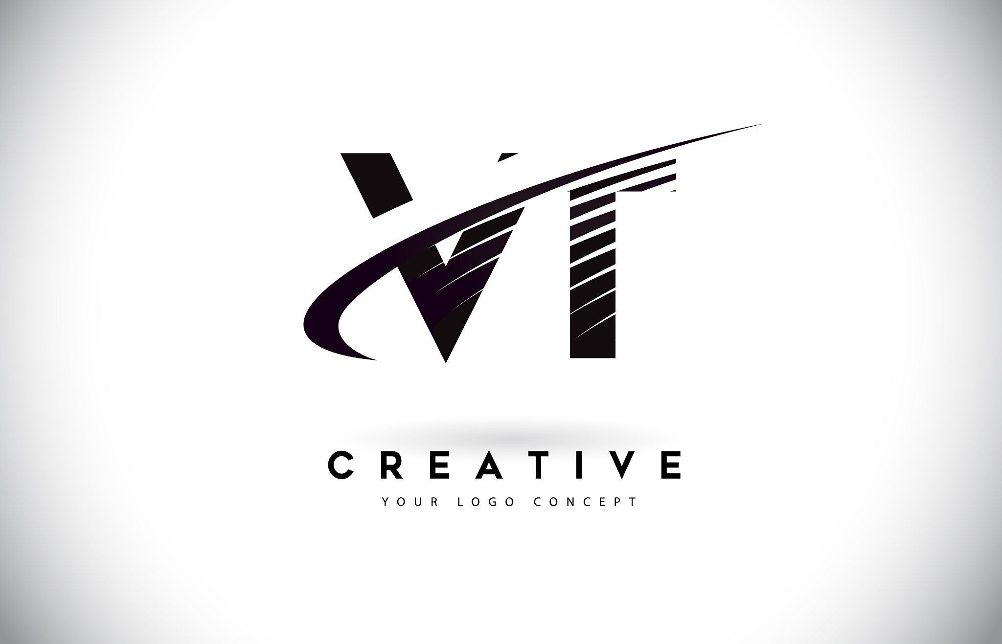 vt v t letter logo design with swoosh and black