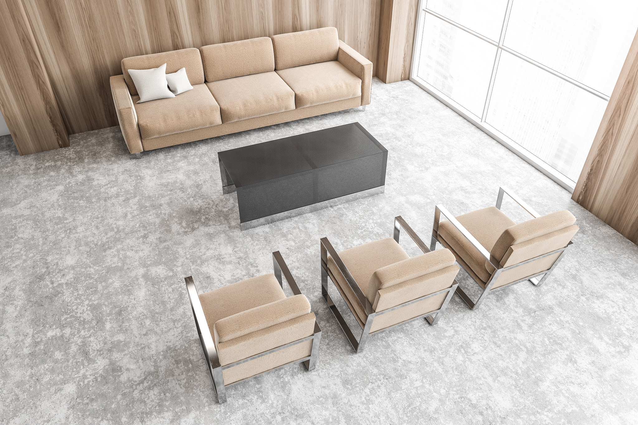 business office interior with brown sofa and wooden walls top vi