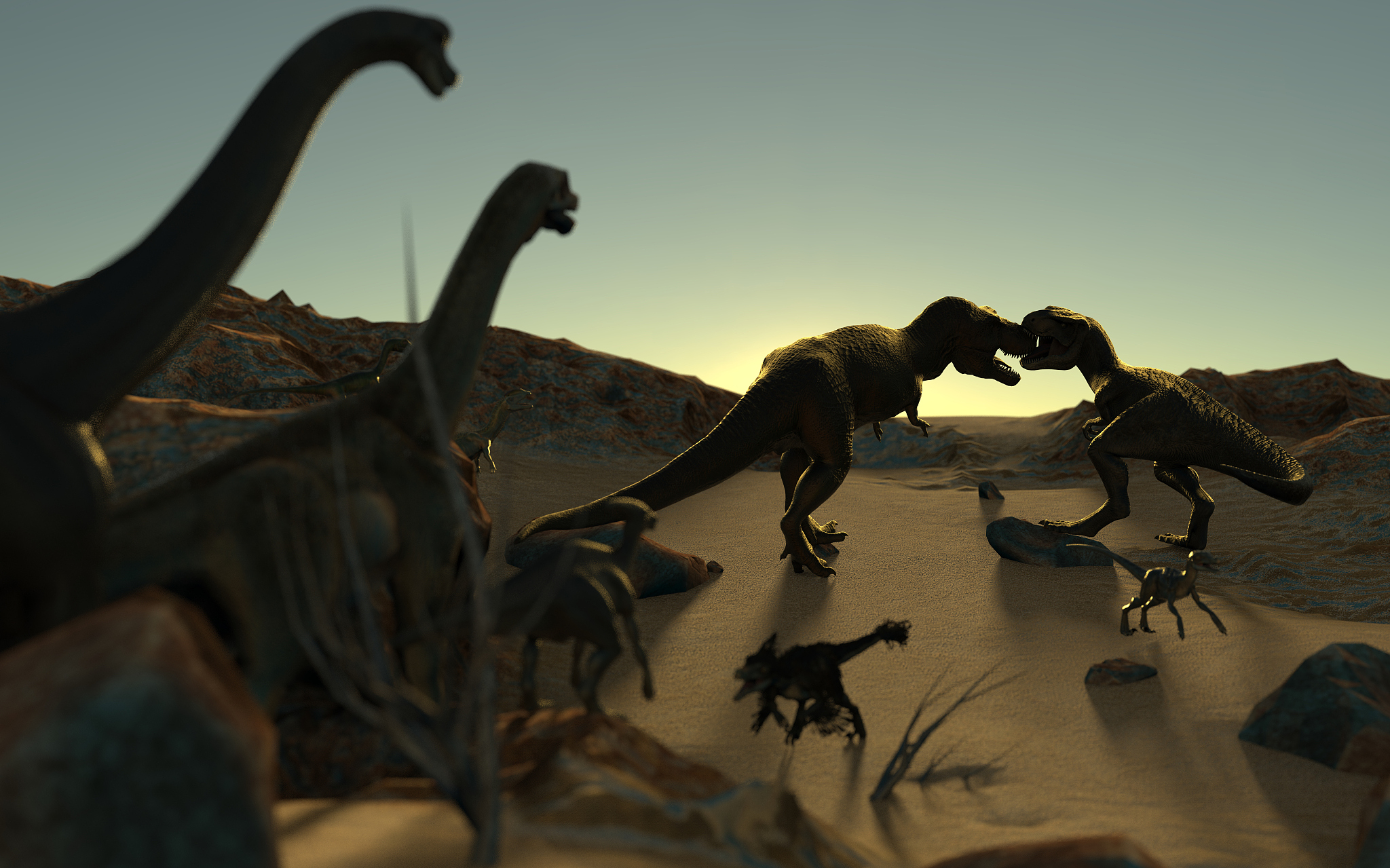big fight from two angry t-rex outdoor 3d render