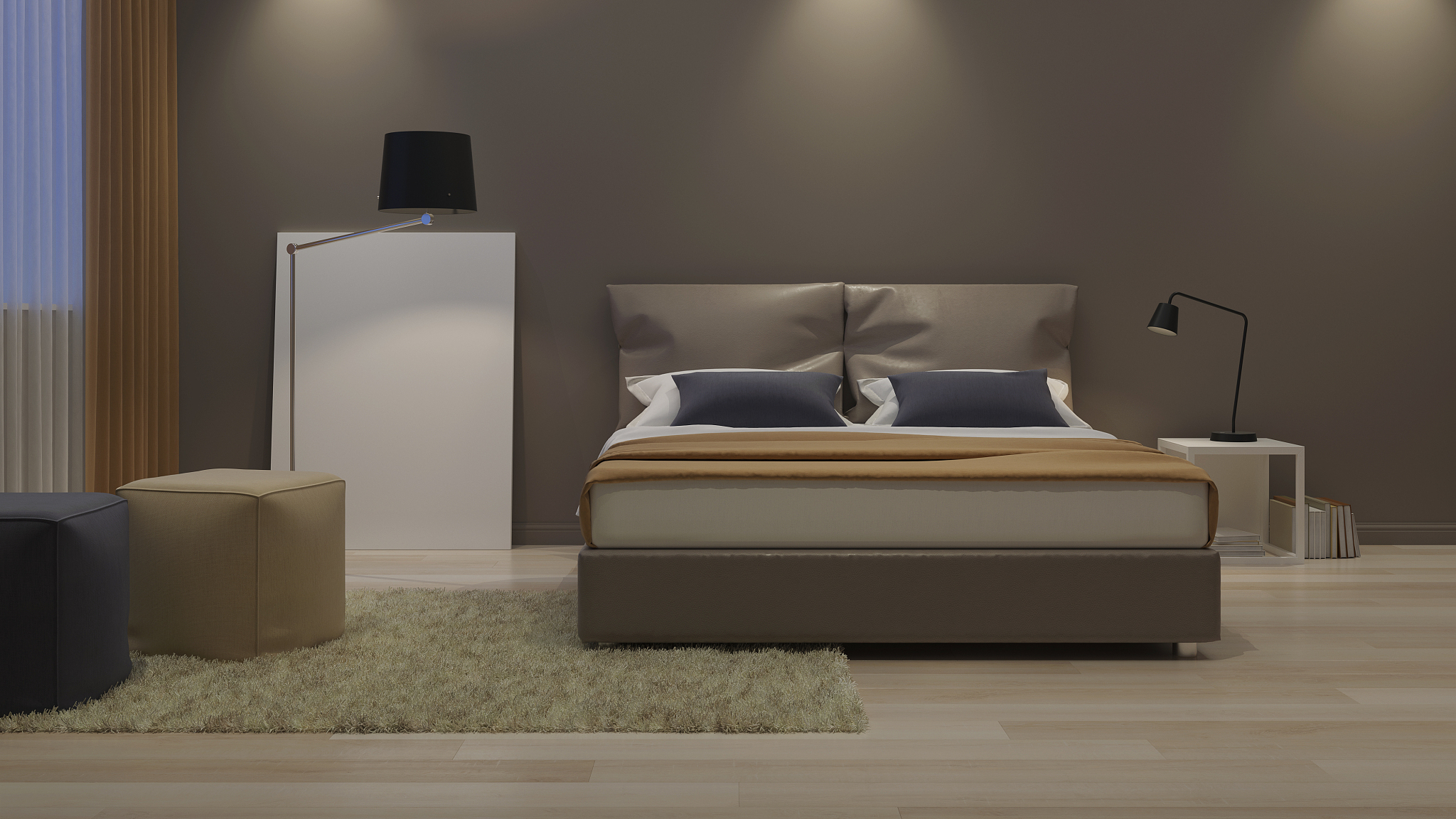 modern house interior. bedroom design in warm tones. 3d renderin