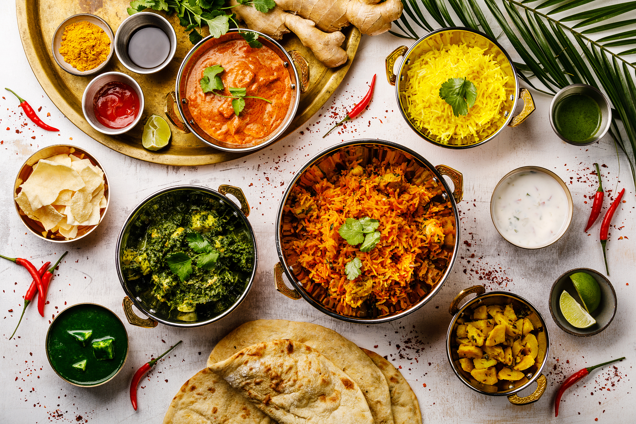 indian food curry butter chicken, palak paneer, chiken tikka, bi