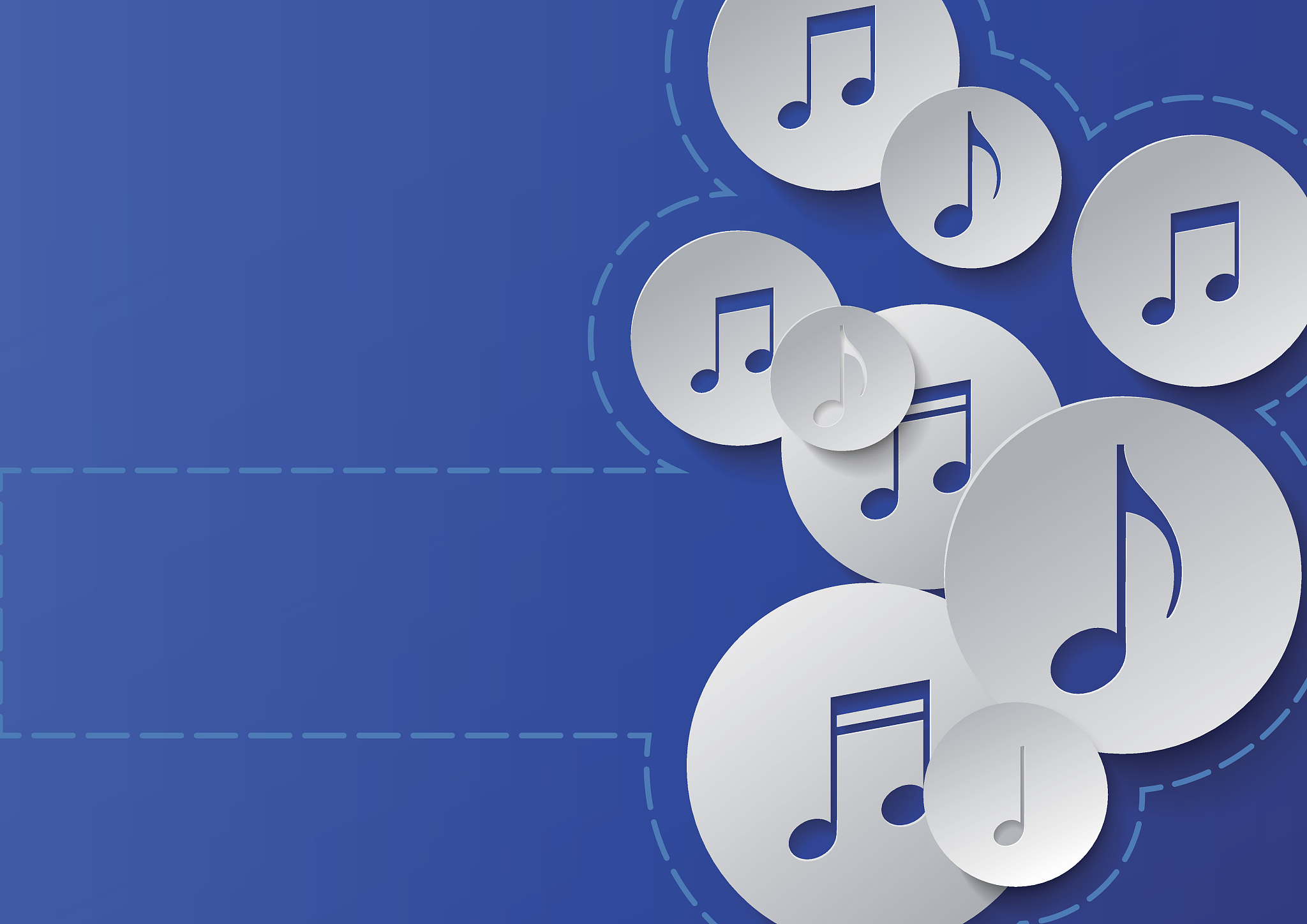 music notes cut in paper circles on blue background