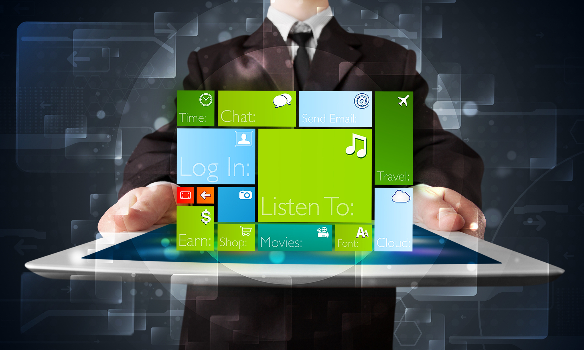 businessman holding a tablet with modern software operational sy