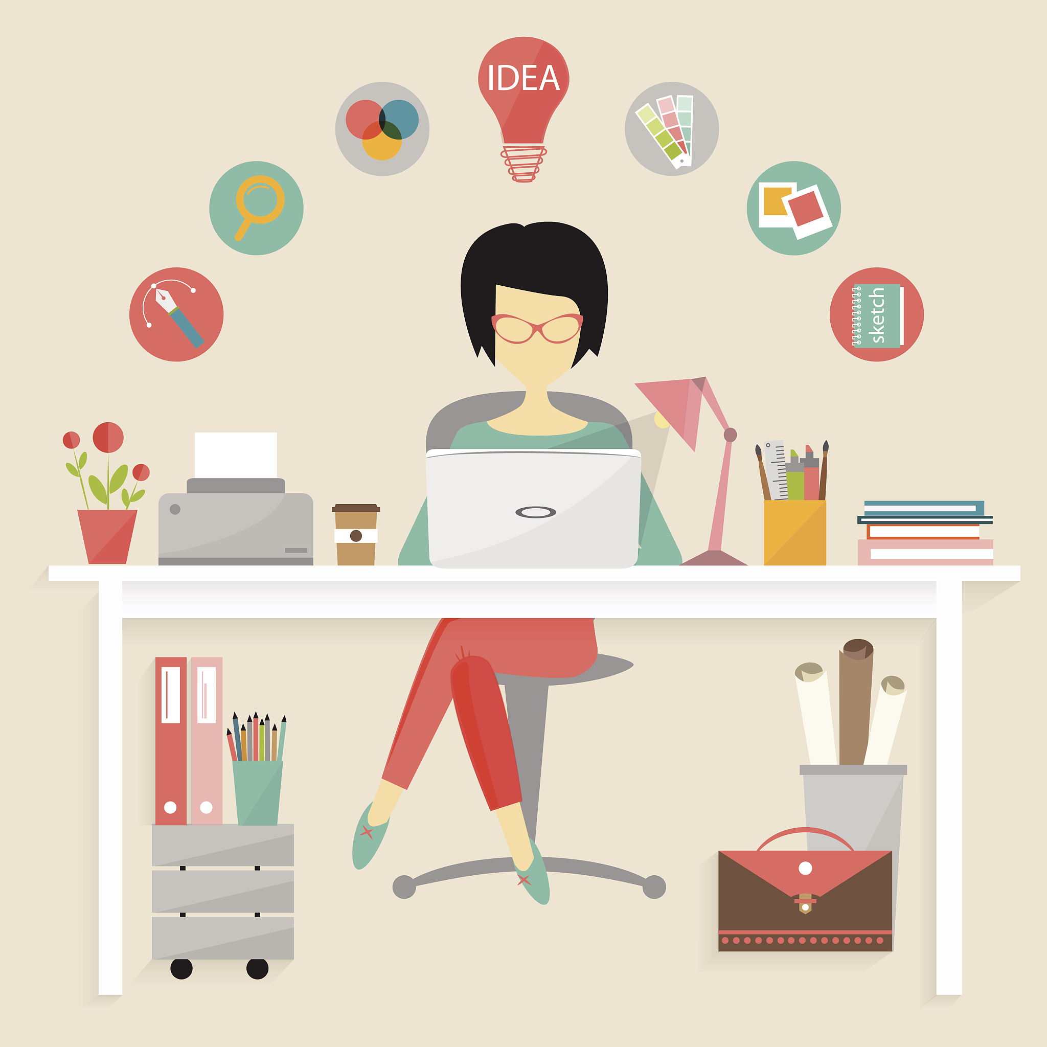 cartoon of a graphic designer in a colorful office