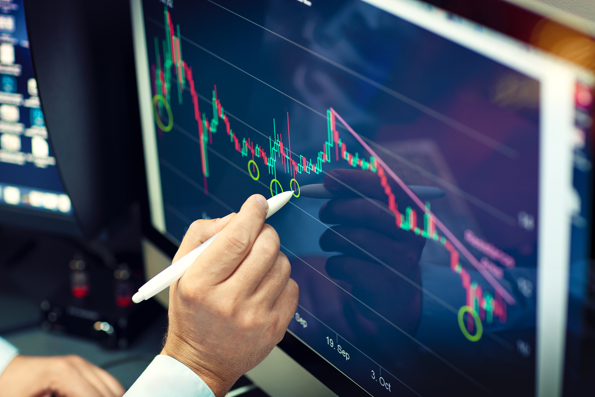 online financial analysis on a computer monitor.